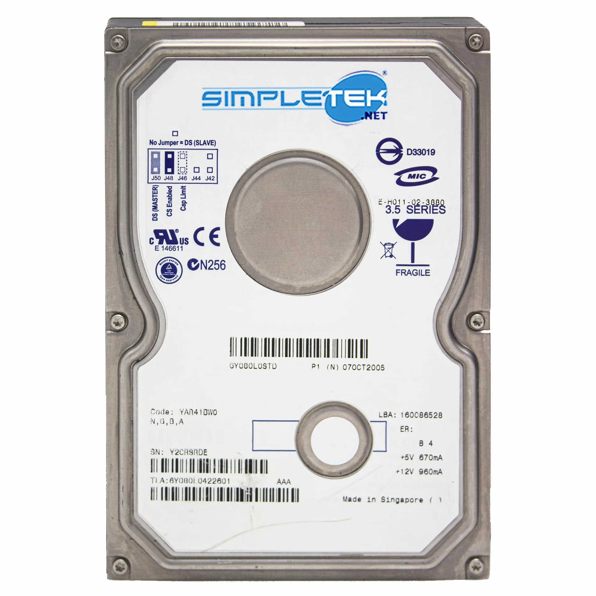 SIMPLETEK - Hard Disk HDD 80GB IDE PATA EIDE 3,5" compatibile con Windows 2000 XP (Ricondizionato)