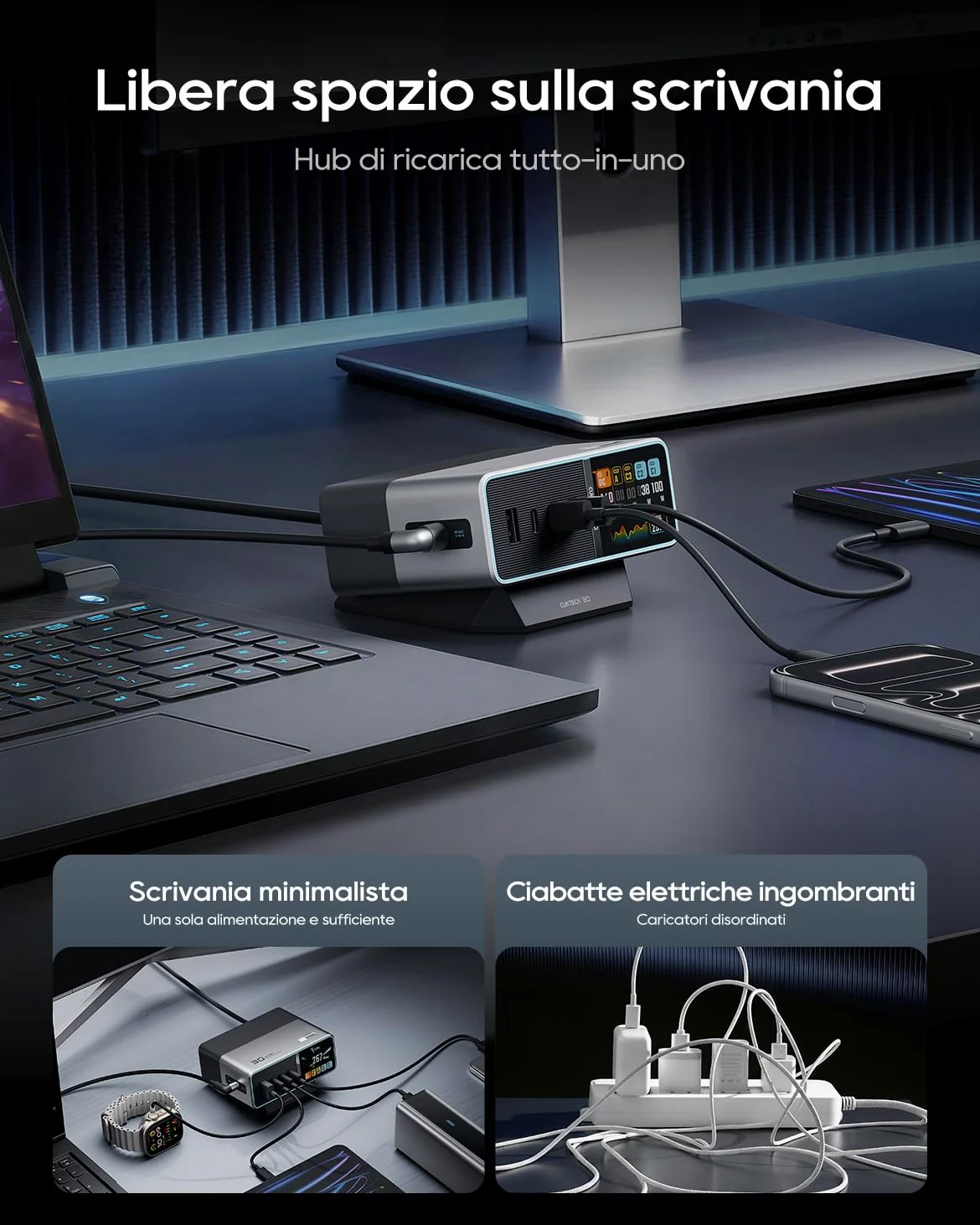 CUKTECH 30 Ultra 300W 5-Ports GaN Multi Charging Station, Caricatore USB C con Display LCD e Ricarica Rapida, Compatibile con Laptop, MacBook, iPad, iPhone 16/15, Galaxy S24/S23