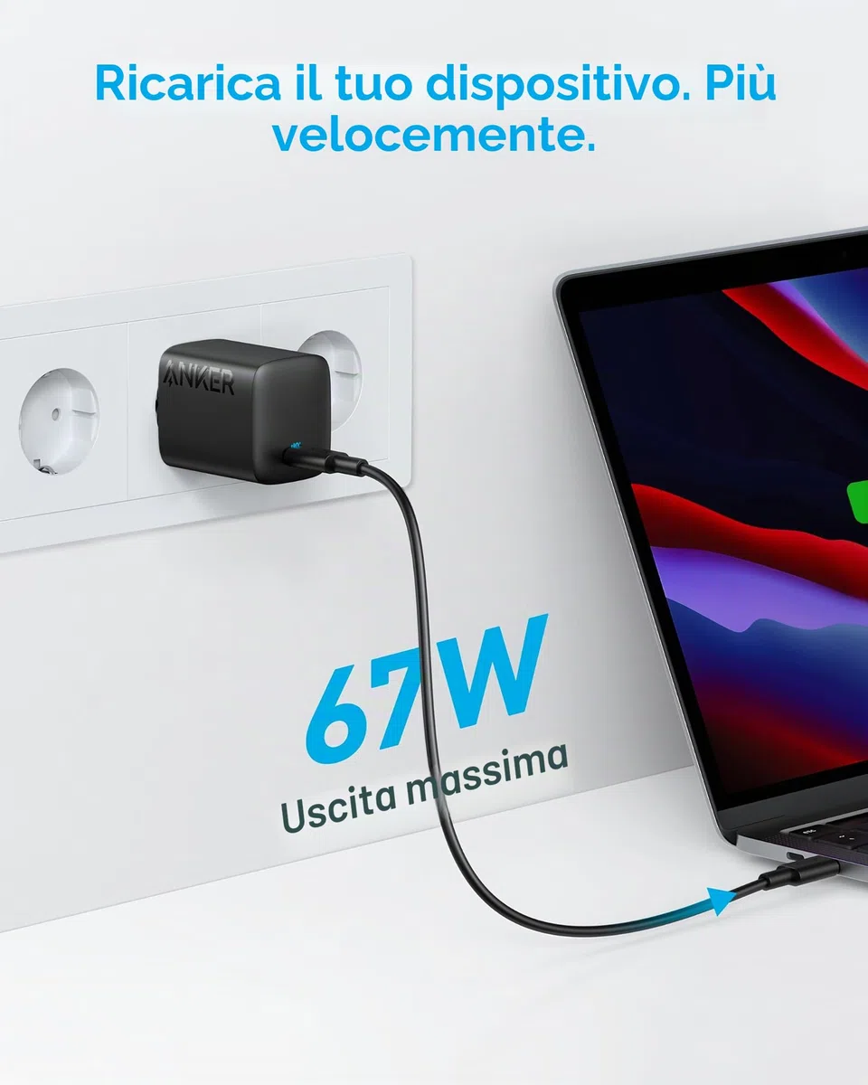 Anker Caricatore USB C 67 W, Caric 315, Caric Rapido Compatto Richiudibile PIQ 3.0, per MacBook PRO/Air, iPhone 17 Pro Max Air/Serie 16-12, iPad, Samsung S25 Ultra, Pixel, AirPods e Altro