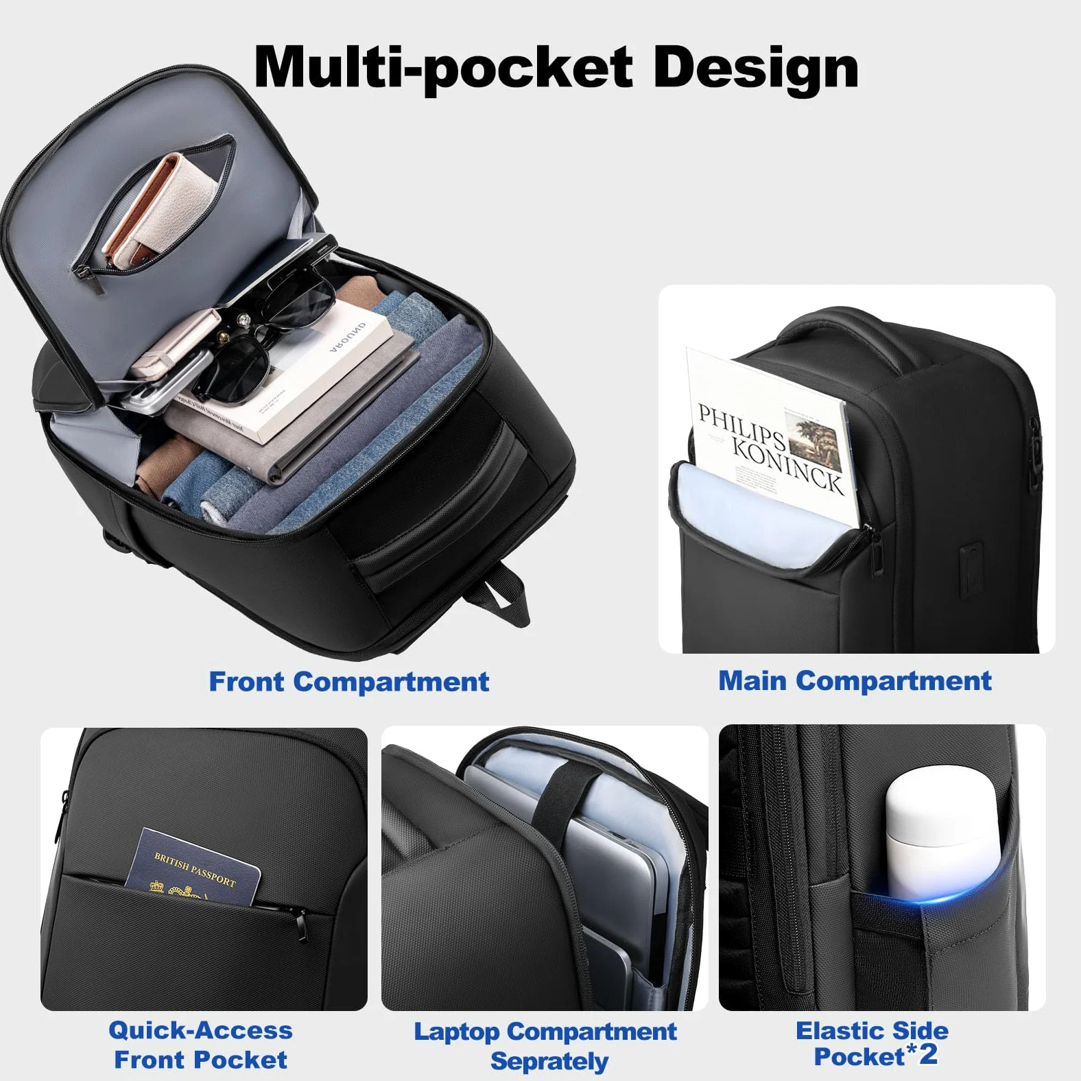 30L Zaino Viaggio Cabina Aereo 40x30x20 per 17.3''Laptop | Zaino Business Uomo con USB A&C, Zaino Porta PC Computer Impermeabile Antifurto per Lavoro Ufficio Università, Nero