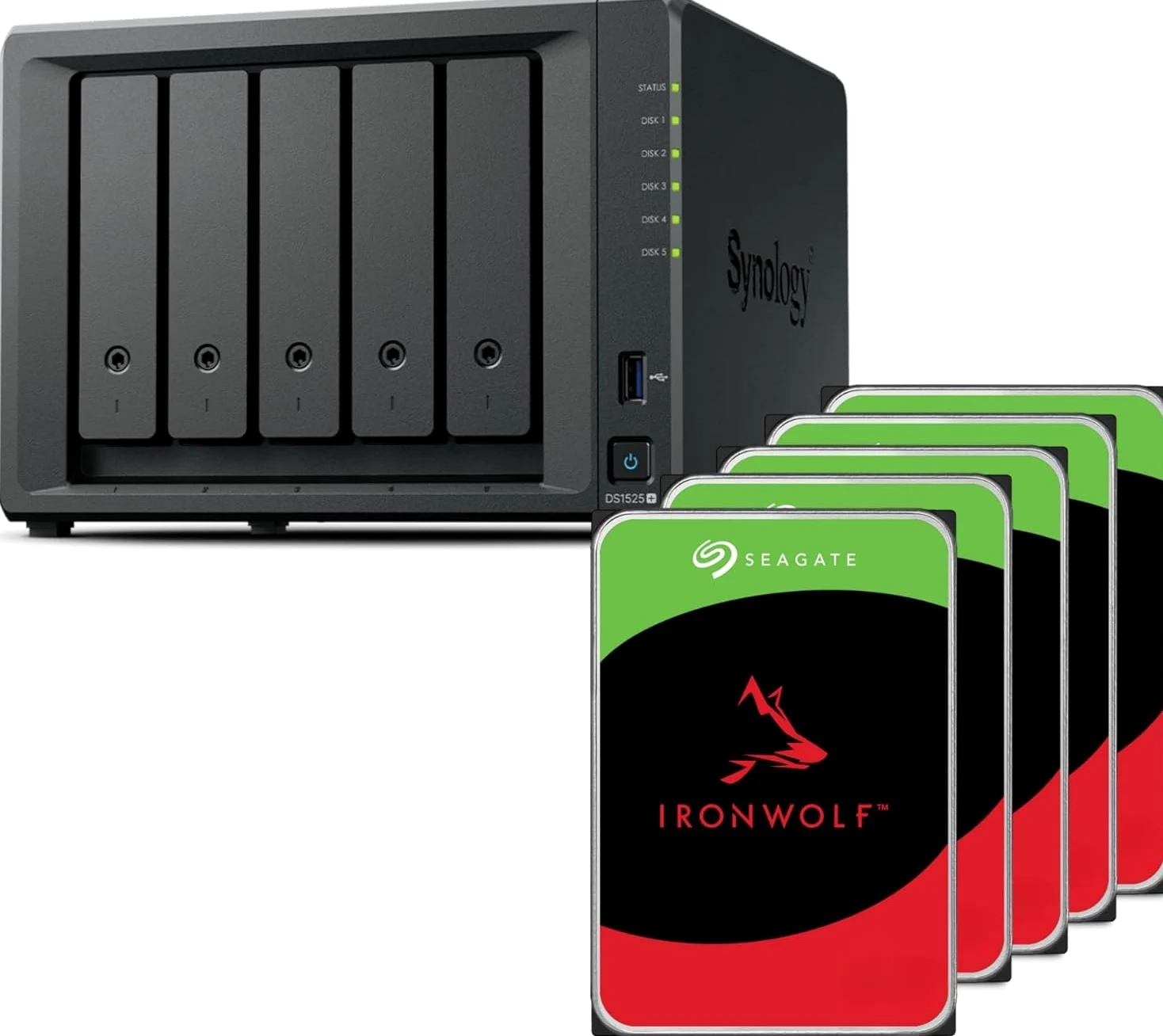 Synology Discstation NAS DS1525+ 20TB Bundle Seagate (5X 4TB Ironwolf) serie 5 Bay Plus con Ryzen R1600, 8 GB Ram