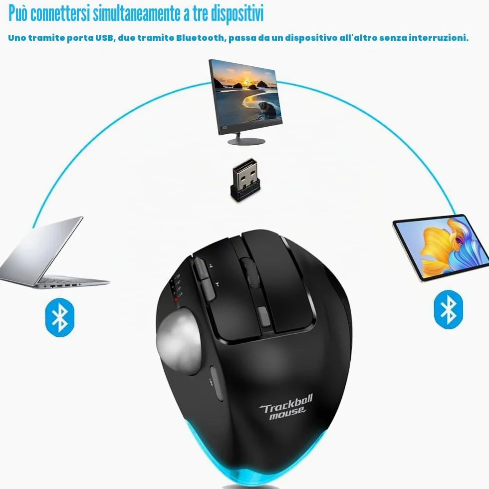 zelotes Mouse Trackball Bluetooth Wireless,Ricaricabile,4800DPI,8 Pulsanti,BT 5.0/3.0 + 2.4G,LED,Design Ergonomico,Mouse Senza Fili per PC,Laptop,Tablets,Nero