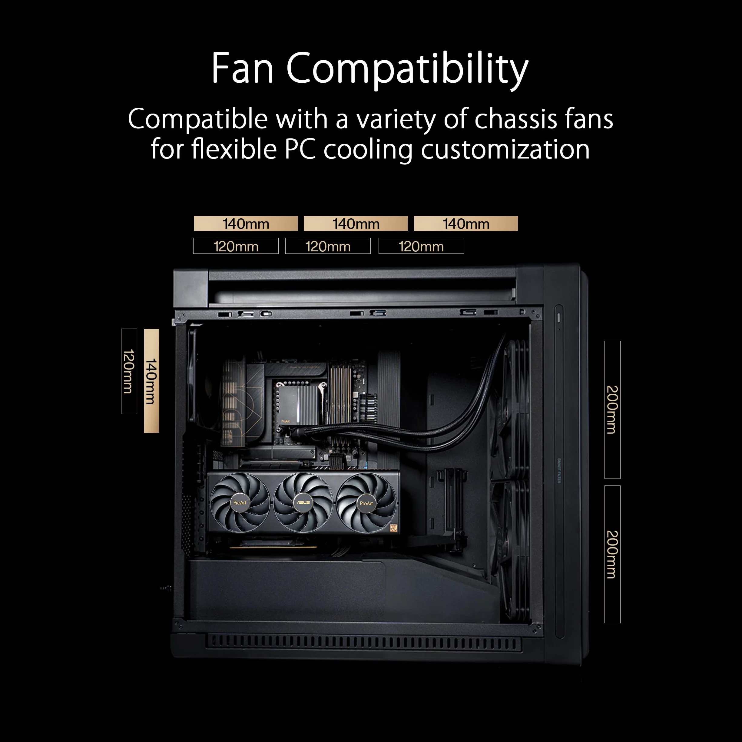 ASUS PROART PA602 TG PWM BLACK Case Gaming E-ATX, Chassis in Vetro Temperato, Supporto per Dissipatore da 420 mm, Ventole da 140 mm e 200 mm, Rilevatore di Polvere IR, Presa d’aria Laterale, Nero