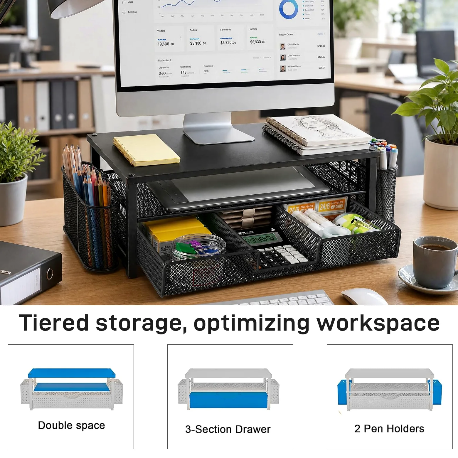 Supporto per monitor con cassetto e 2 portapenne, rialzo ergonomico da scrivania per laptop e schermo, organizer multifunzionale a 2 livelli per ufficio e home office (nero)
