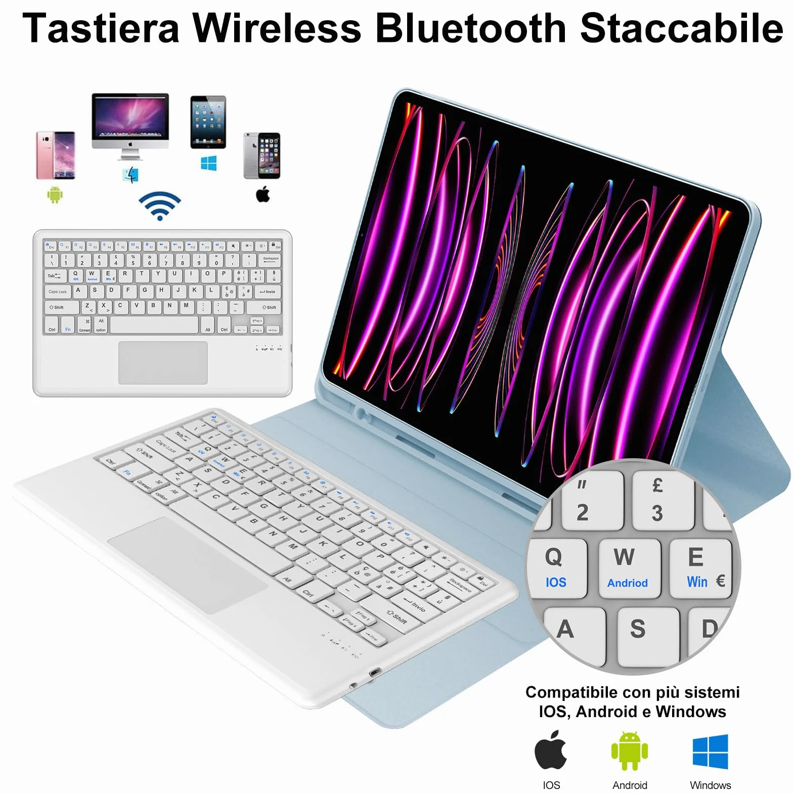 WINCHKING Tastiera per iPad Pro 12.9 con Touchpad, Cover con Tastiera per iPad pro 12.9, Custodia QWERTY Bluetooth Magnetica Keyboard per pro 12.9 pollici 6/5/4/3 Generazione, Azzurro
