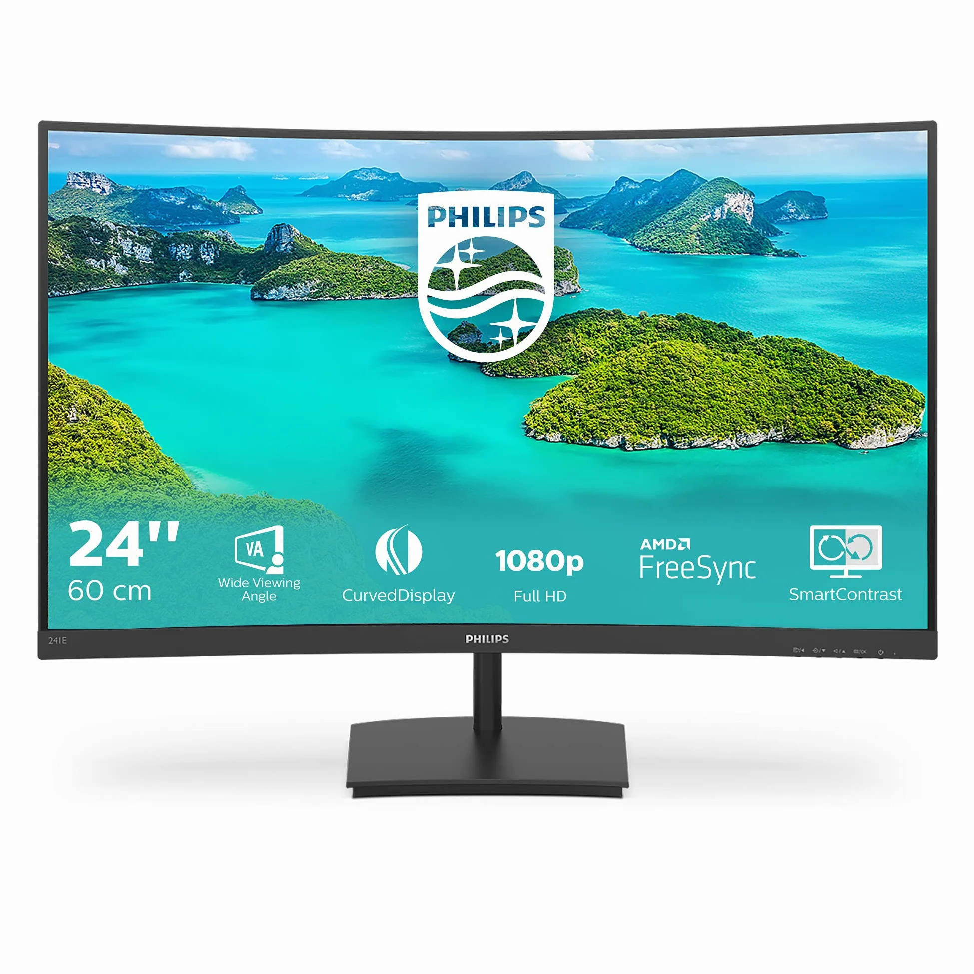 Philips 241E1SCA 24" Gaming Monitor Curvo Freesync 75 Hz LED VA FHD, 4ms, 3 Side Frameless, Casse Audio Integrate, Low Blue Mode, Flicker Free, HDMI, VGA, VESA, Nero