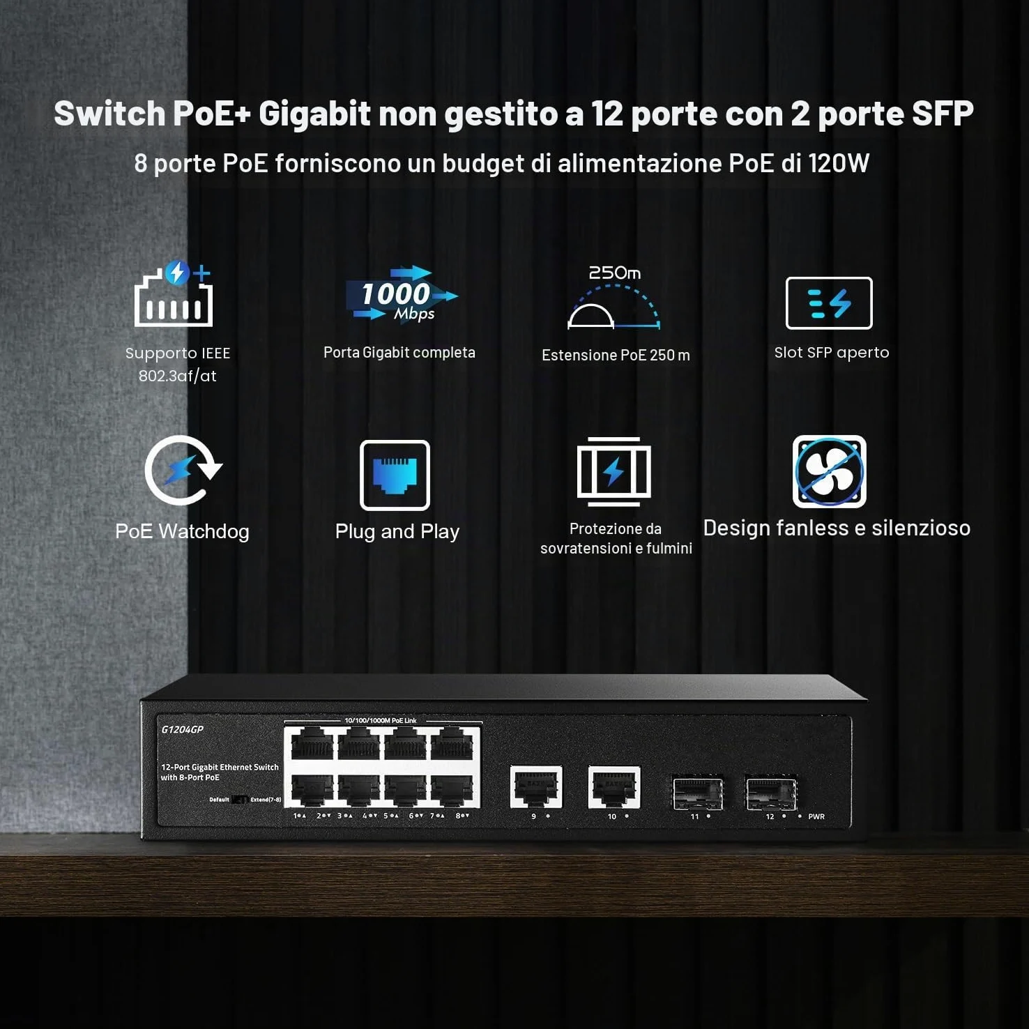 YuLinca Switch 12 porte Gigabit PoE, 8 GE PoE+, 2 GE Uplink, 2 Gigabit SFP Slot, IEEE802.3af/at Max 120W, Switch Ethernet Plug&Play non gestito senza ventola