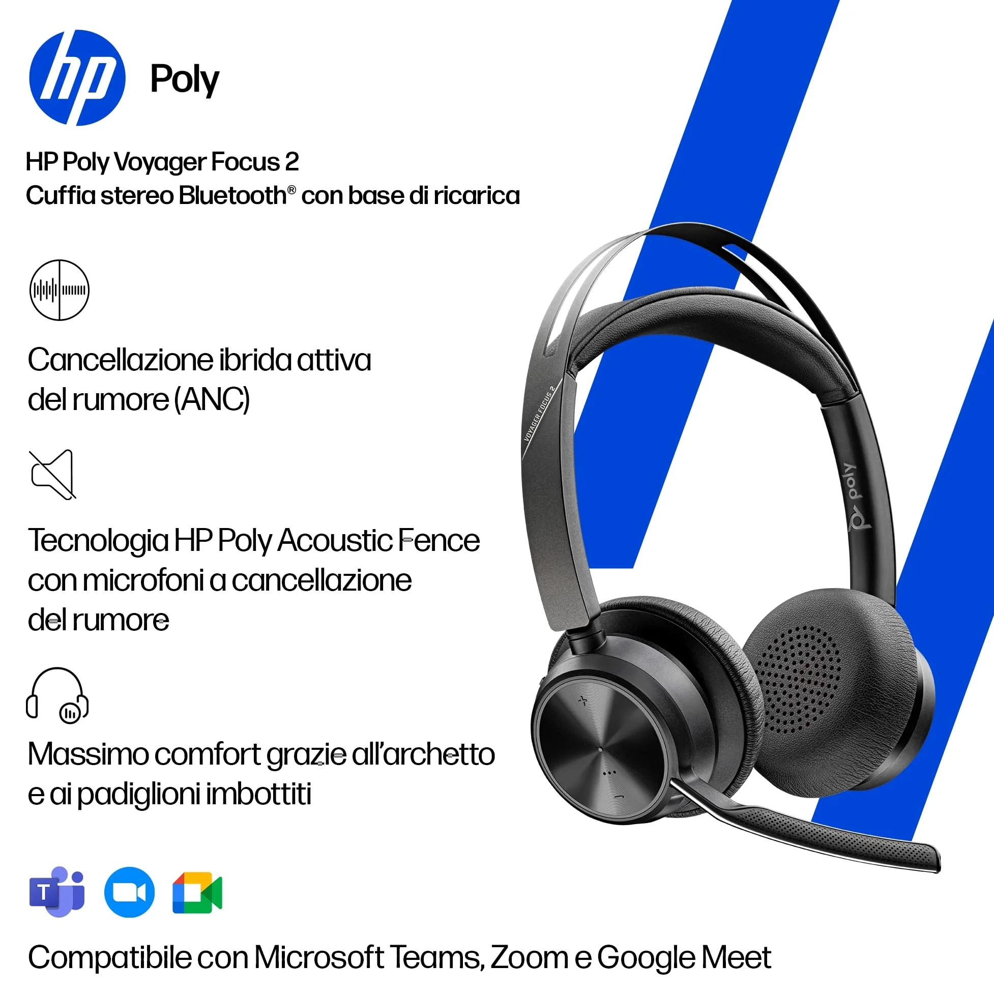 Poly Voyager Focus 2 USB-C-C Headset con adattatore USB-C/A e supporto di ricarica A58JDAA, cancellazione attiva del rumore e microfono con Acoustic Fence