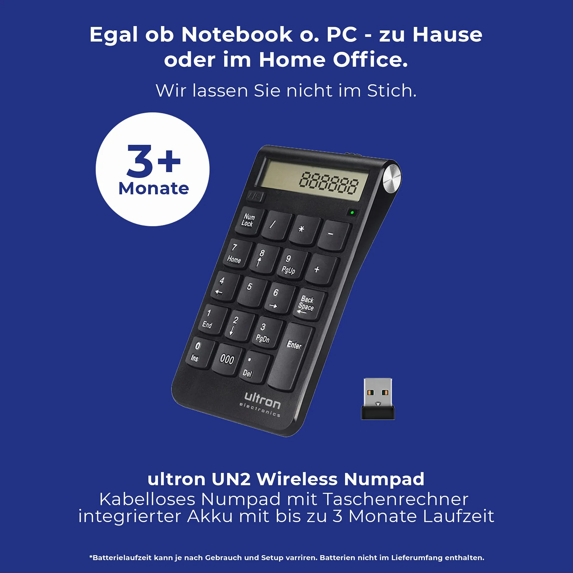 Ultron Numpad - Blocco numerico UN2, 2,4 GHz, calcolatrice USB Senza Fili, Numpad Wireless con Funzione Multi-Funzione 20 Tasti, Tastiera con Display per MacBook, PC e Laptop