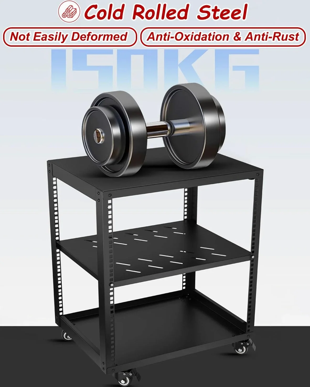 Vibeo Rack di Rete a Telaio Aperto Rack per Server Ventilato con Ripiani e 4 Ruote, Rack di Rete a Telaio Aperto 12U 16U 20U, Sistema Rack Audio per Apparecchiature di Rete da 48 cm(12U,1 Tier)