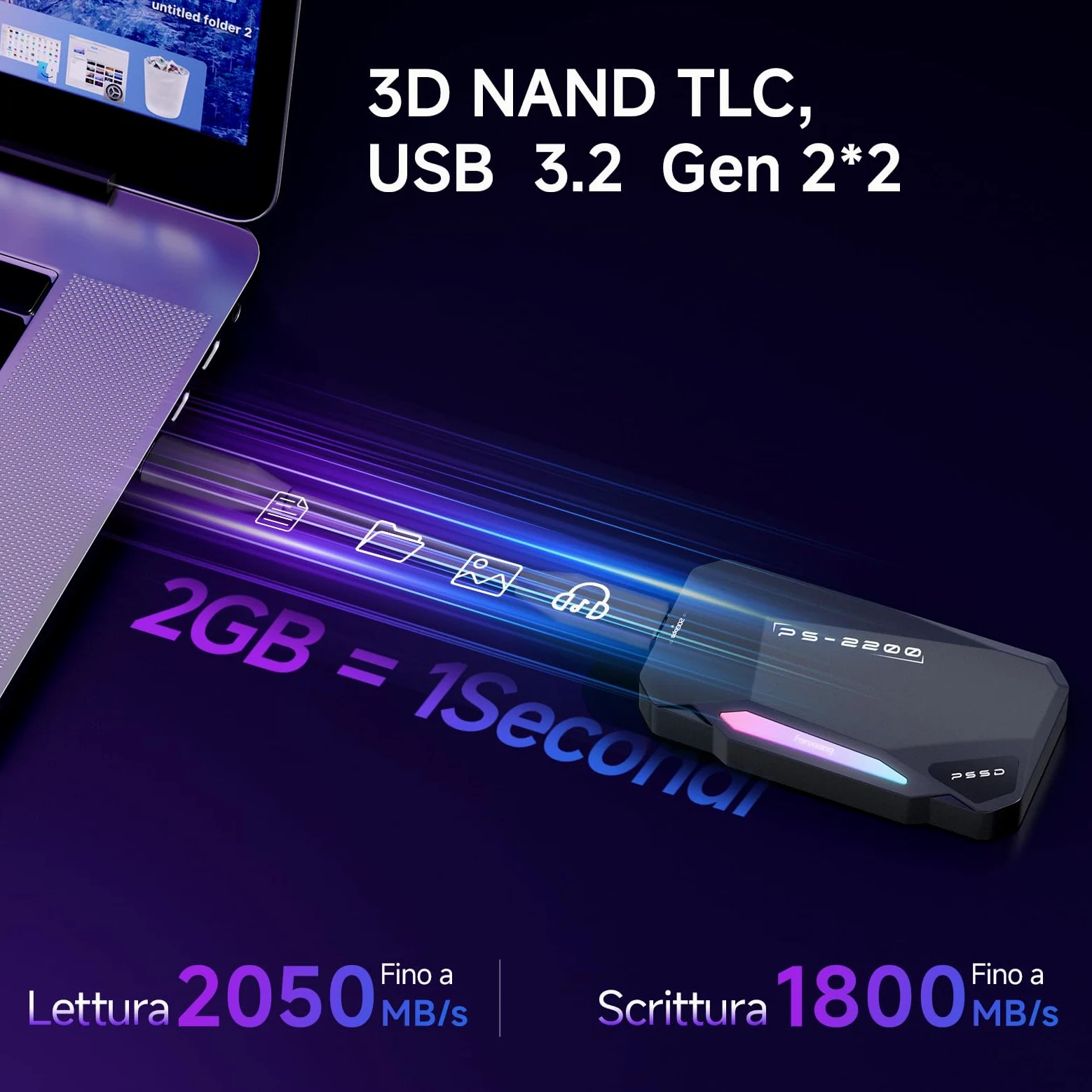 fanxiang 2TB SSD Esterno Magnetico，Fino a 2050MB/s, USB 3.2 Gen2 USB-C, SSD Portatile con RGB LEDs, 4k ProRes HDR, Unità a Stato Solido Esterna per iphone15/16, Android/Pc/Mac-PS2200