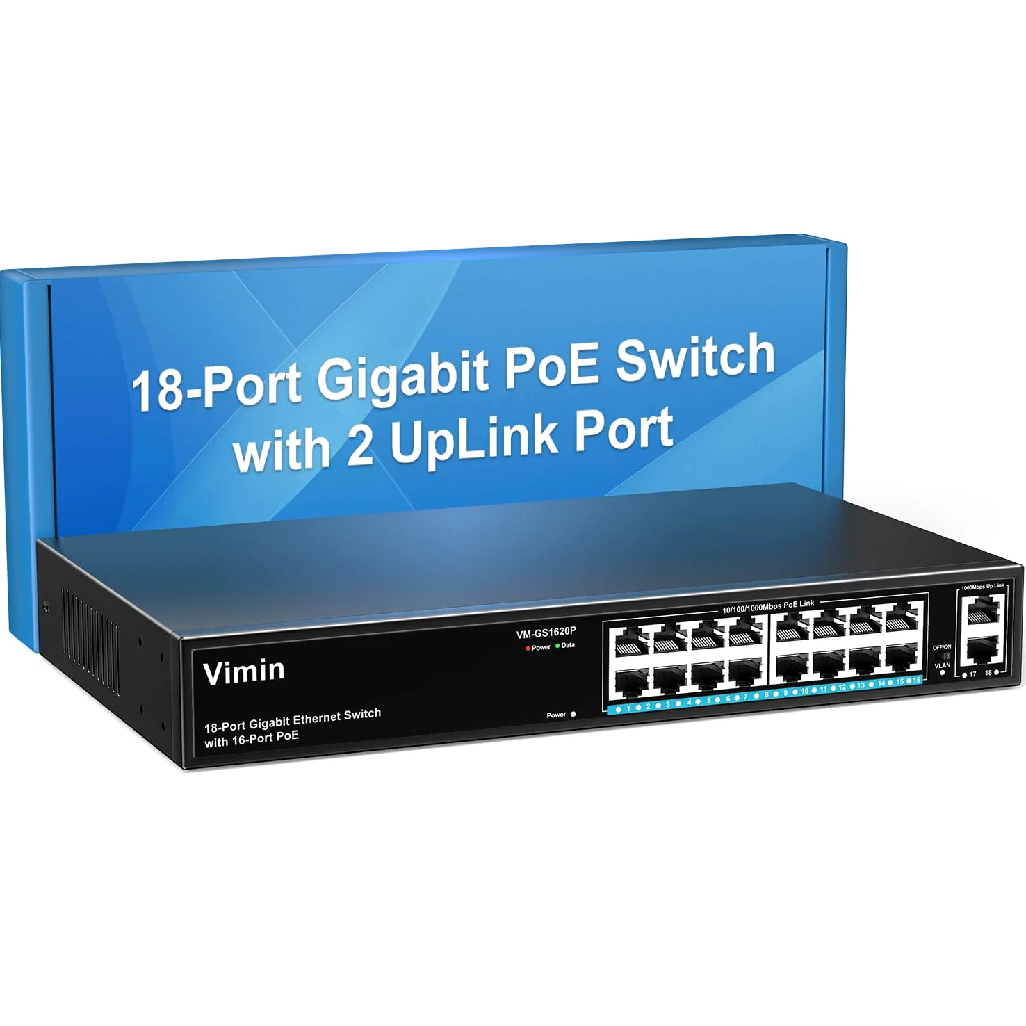 VIMIN Switch Poe Gigabit a 16 Porte con 2 Porta di Collegamento Gigabit, Switch Ethernet Poe Non Gestito a 18 Porte con Alimentazione di 250W, Supporto IEEE802.3af/at, VLAN, Involucro in Metallo