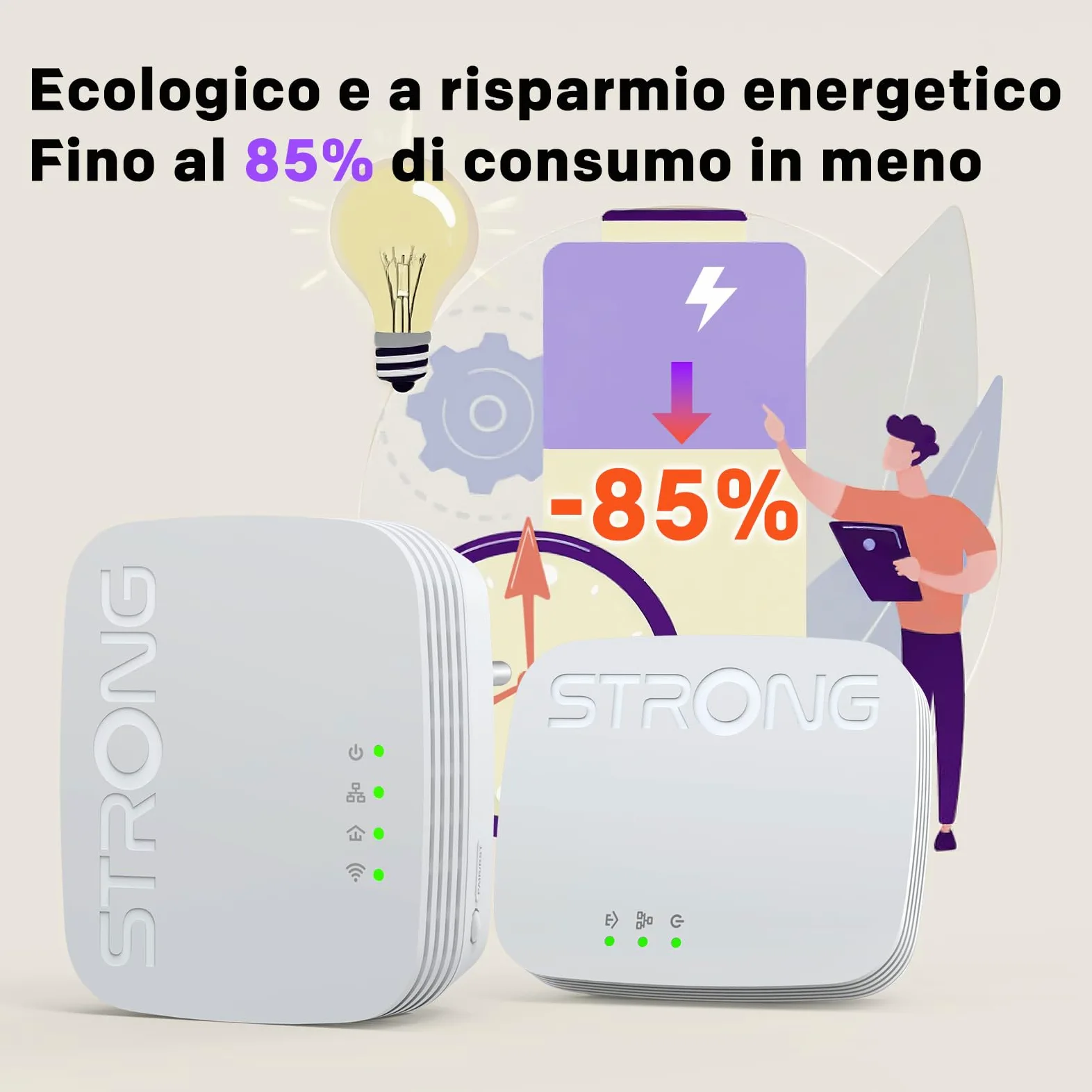 STRONG - Powerline Wifi 600 Duo Mini - 2 Adattatori 600 Mbps/Wifi 300 Mbps - Compatibile con Tutti i Modem/Router - Ethernet - Installazione rapida - Bianco