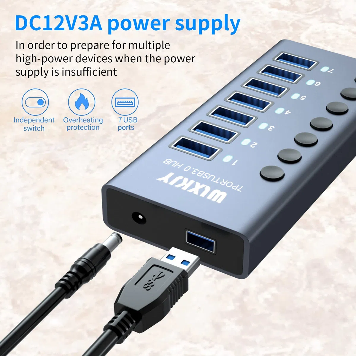 Hub USB 3.0 in alluminio, hub USB attivo - 7 porte USB 3.0 SuperSpeed, interruttori individuali e alimentatore da 36 W (12 V/3 A) per MacBook/MacBook Air/MacBook PRO