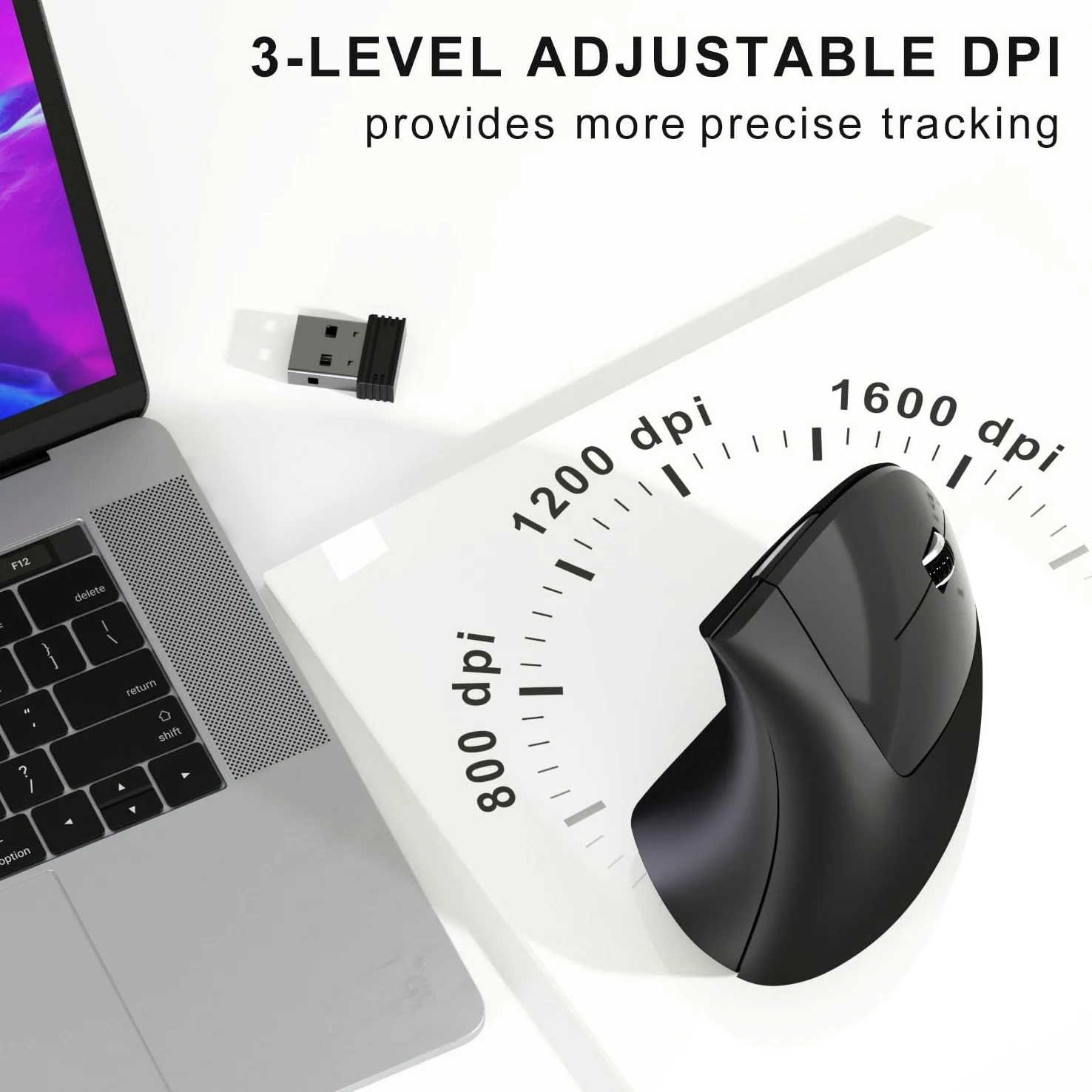 Mouse ergonomico senza fili, mouse verticale wireless USB 2.4G, DPI regolabile (800/1200/1600), clic silenziosi, 6 pulsanti per laptop, PC, Mac, desktop - nero
