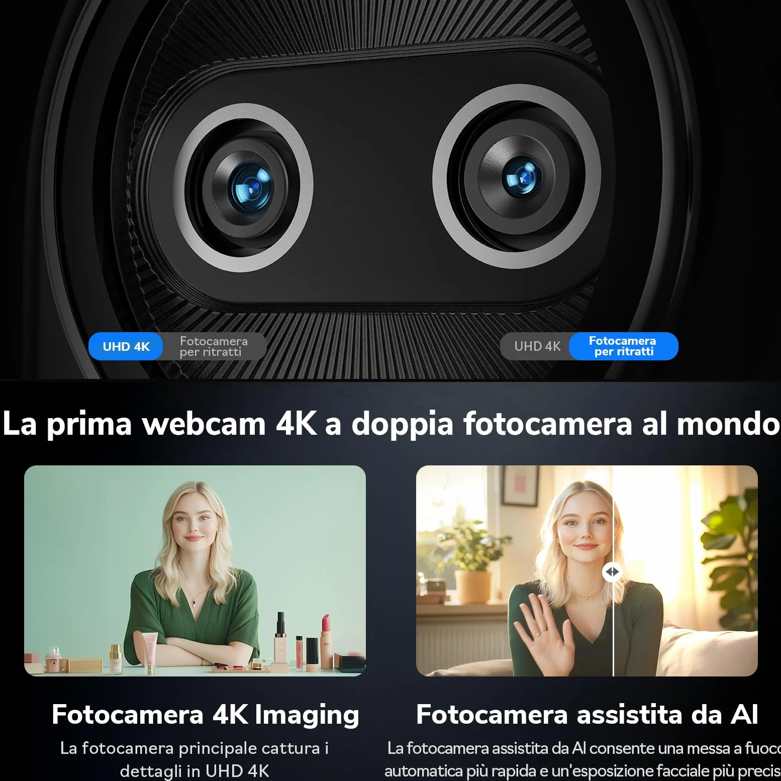 EMEET Piko+ Webcam 4K, la Prima Webcam 4K con Doppia Fotocamera AI al Mondo, 3 Microfoni e 3 Modalità Audio, Cover Magnetica per la Privacy Panda, per Gli Streamer Live