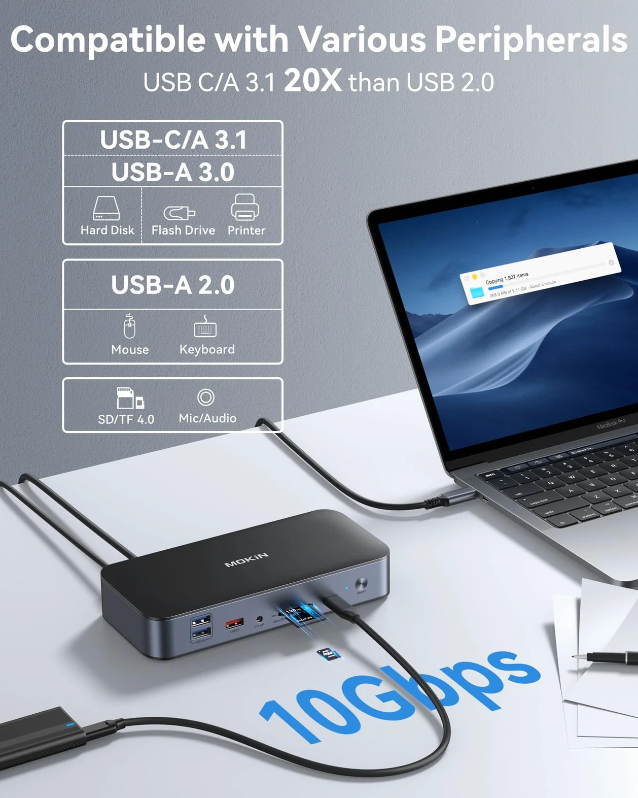 DisplayLink, docking station per MacBook Pro/Air 15 in 1, DisplayLink USB C, docking station per 2 monitor, docking station USB C con 2 HDMI, 2 DP, 2,5 Gbit/s Ethernet, USB 3.1/3.0/2.0, SD/Micro fino
