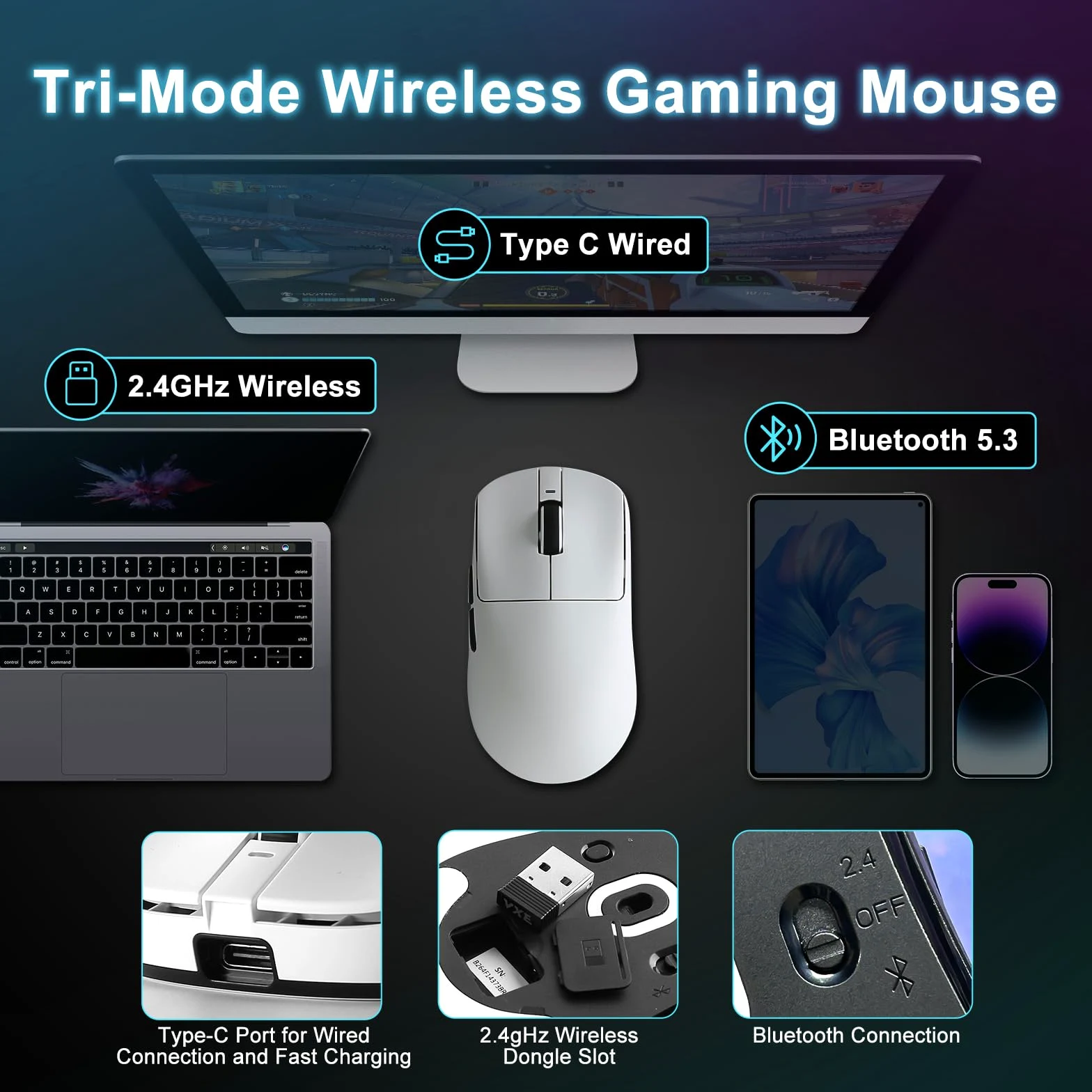 R1 SE+ Mouse da gioco wireless, 18000 DPI, sensore PAW3395SE ad alta precisione, leggero 55 g, tre modalità di connessione, mouse ergonomico programmabile, adatto per laptop/PC/Mac (bianco)