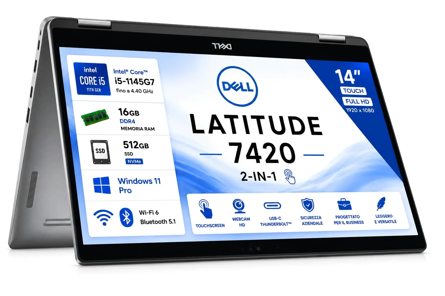 Dell Latitude 7420 2-in-1 14" Touch Full HD, Intel Core i5-1145G7, 16GB RAM, SSD 512GB, Windows 11 Pro, Wi-Fi 6, QWERTY Italiano (Ricondizionato)