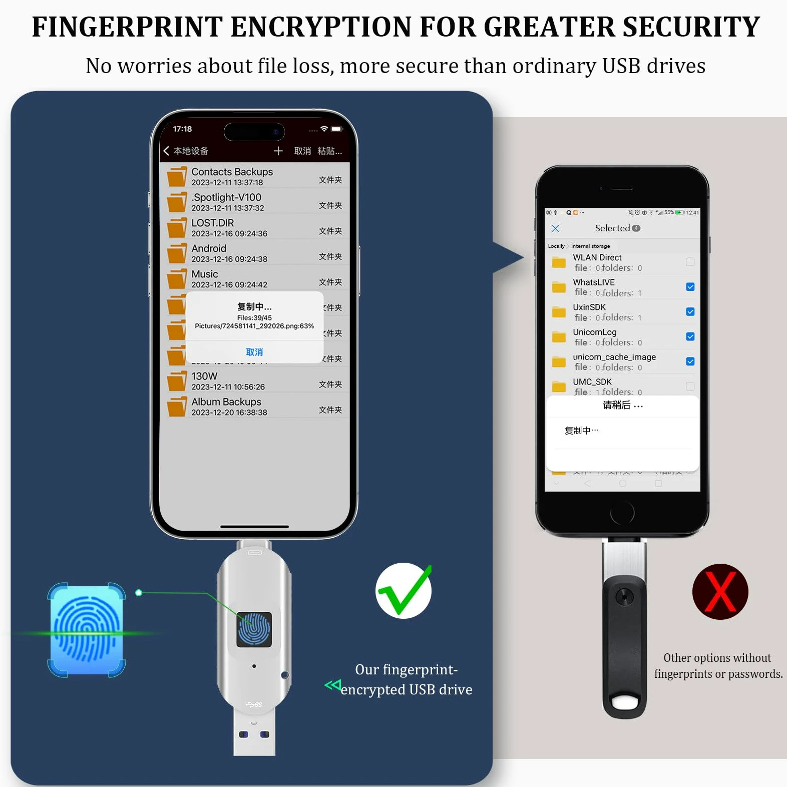 Chiavetta USB 3.0 Con Impronta Digitale, Unità USB Da 64 Gb/128 Gb/256 Gb/512 Gb per iPhone 15/iPad/Android/Windows/Mac, Memory Stick Con 60 Id Di Impronte Digitali Consentiti 64GB