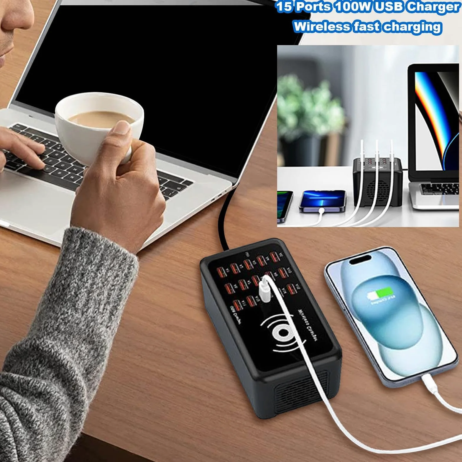 Stazione di ricarica USB - Hub a ricarica rapida a 15 porte, adattatore portatile ad alta velocità, organizer per dispositivi multipli, resistente blocco per tablet per laptop | Home Office Viaggi