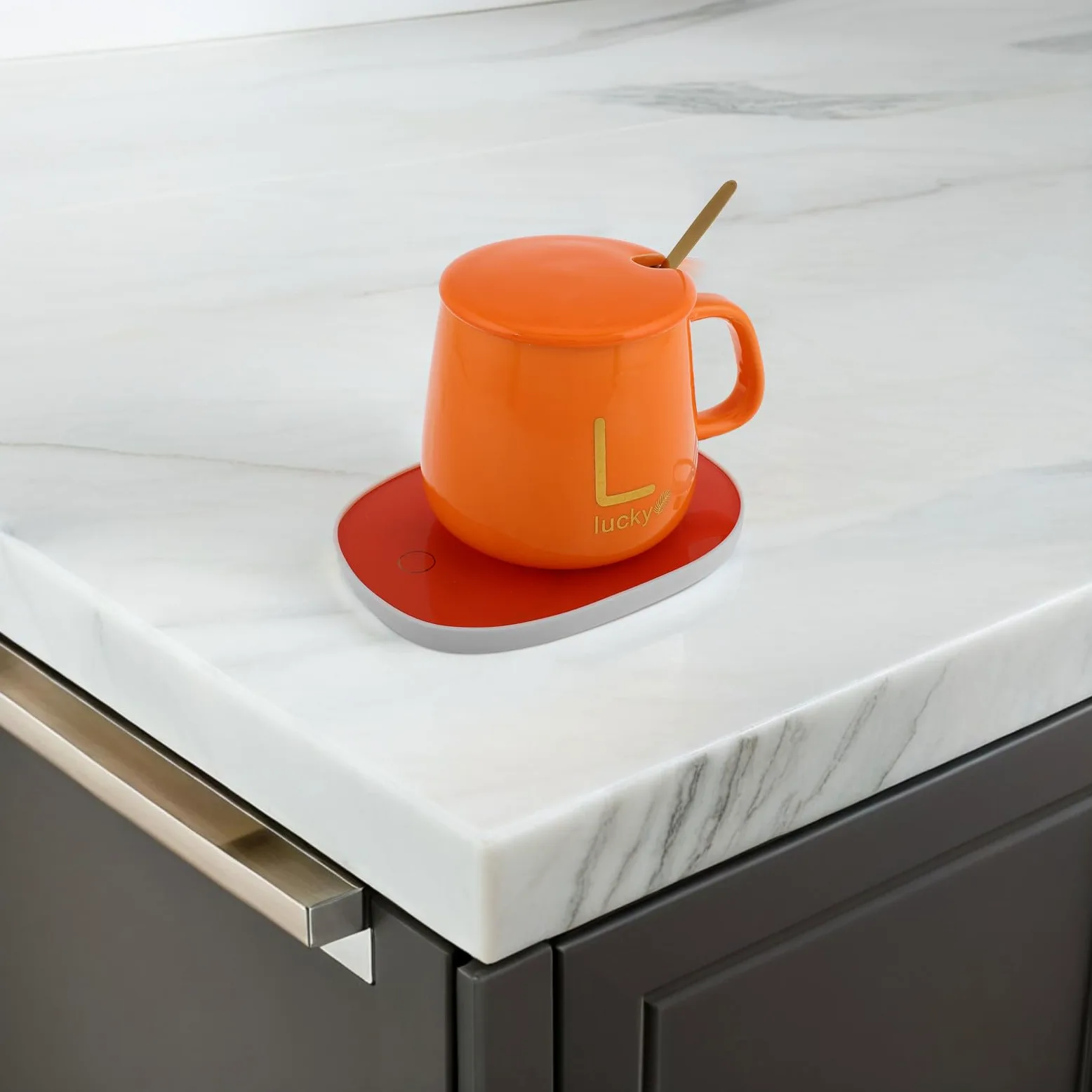 SHINEOFI Set Scaldatazze da Caffè Elettrico con Tazza Termica Arancione Coperchio e Cucchiaio Riscaldamento USB 5V per Casa e Ufficio Tazza Riscaldante Multifunzione per Tè e Latte
