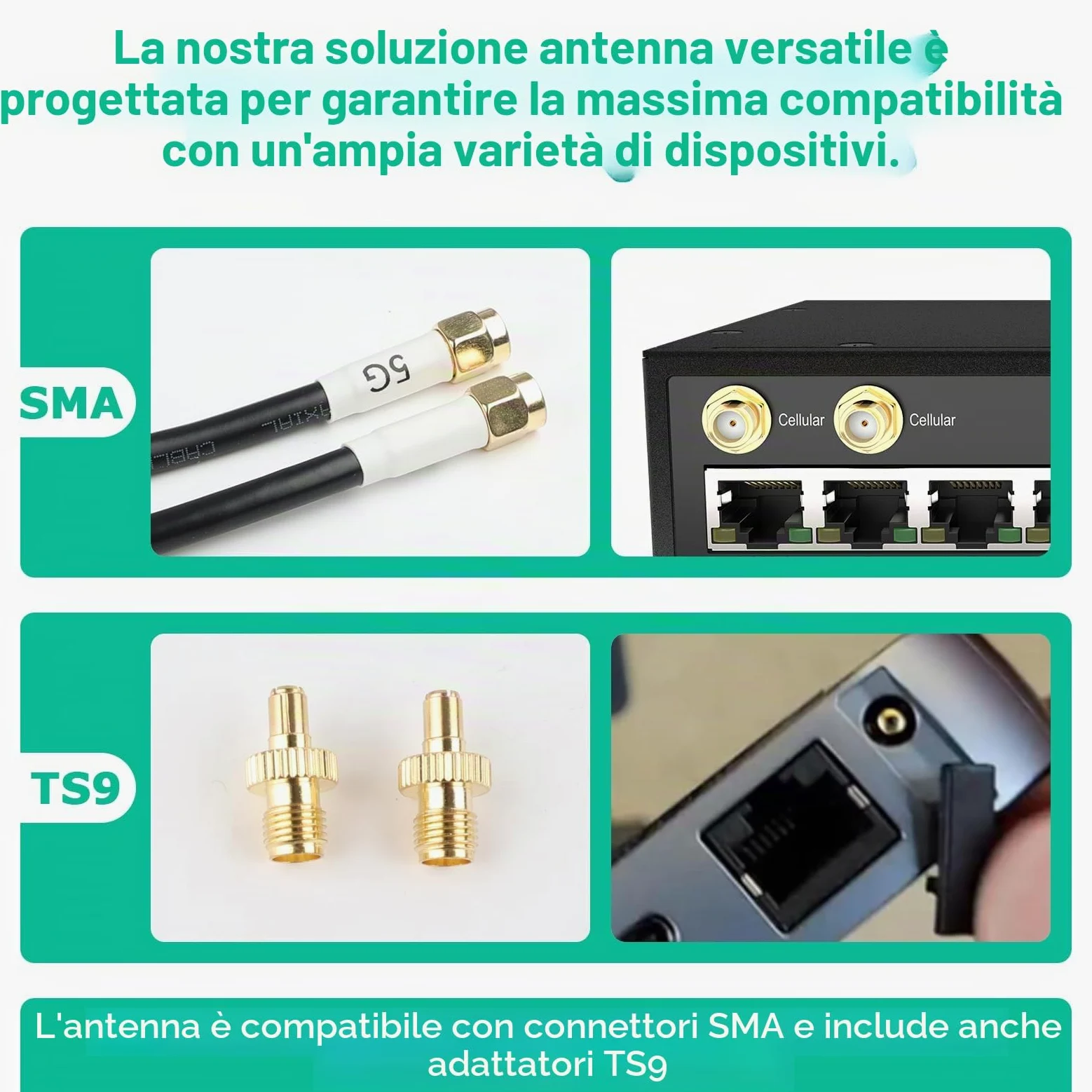 4G LTE 5G Antenna esterna Mimo Omnidirezionale 600-6000 MHz | Spina SMA TS9 adattatore guadagno fino a 5 dBi 2 x 5 metri cavo adatto 5G 3G 4G LTE Router Modem
