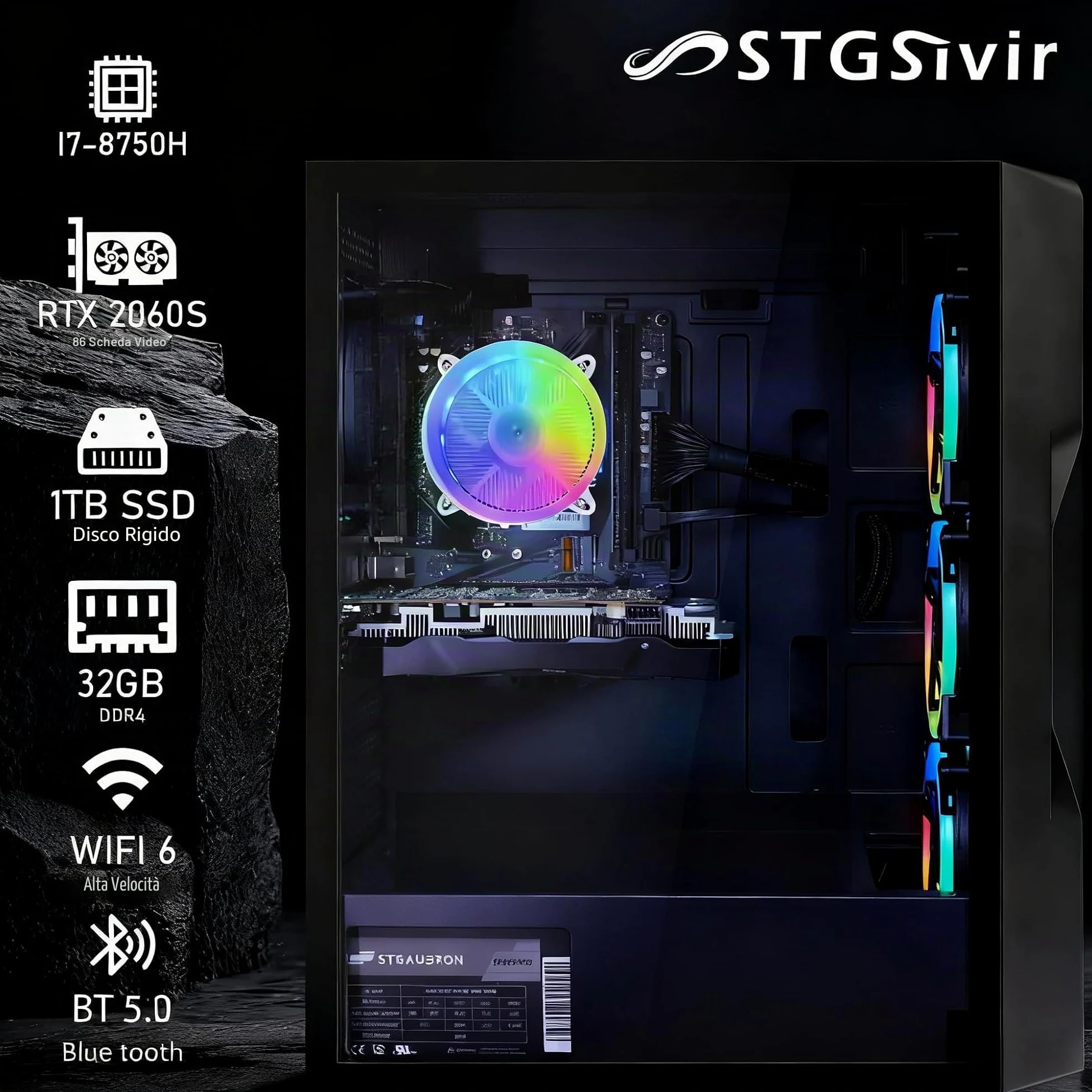 STGSivir PC Gaming Fisso, Computer Gaming, Core i7 8 gen fino a 4.1 GHz • Nvidia RTX 2060 Super 8GB GDDR6 • 32GB DDR4 RAM • 1TB SSD • WiFi 6 • BT • Windows 11 Pro