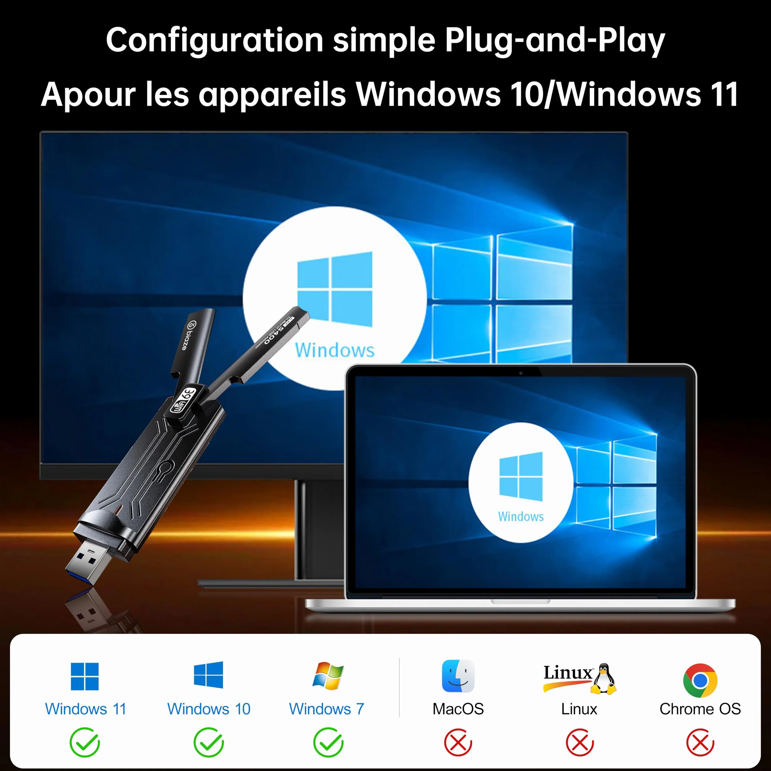 Adattatore Wireless WiFi 6E 5400 Mbps USB 3.0 - Adattatore WiFi dual band gaming per PC e laptop, scheda di rete WiFi 6E con antenna esterna (WiFi6E 5400 Mbit/s)