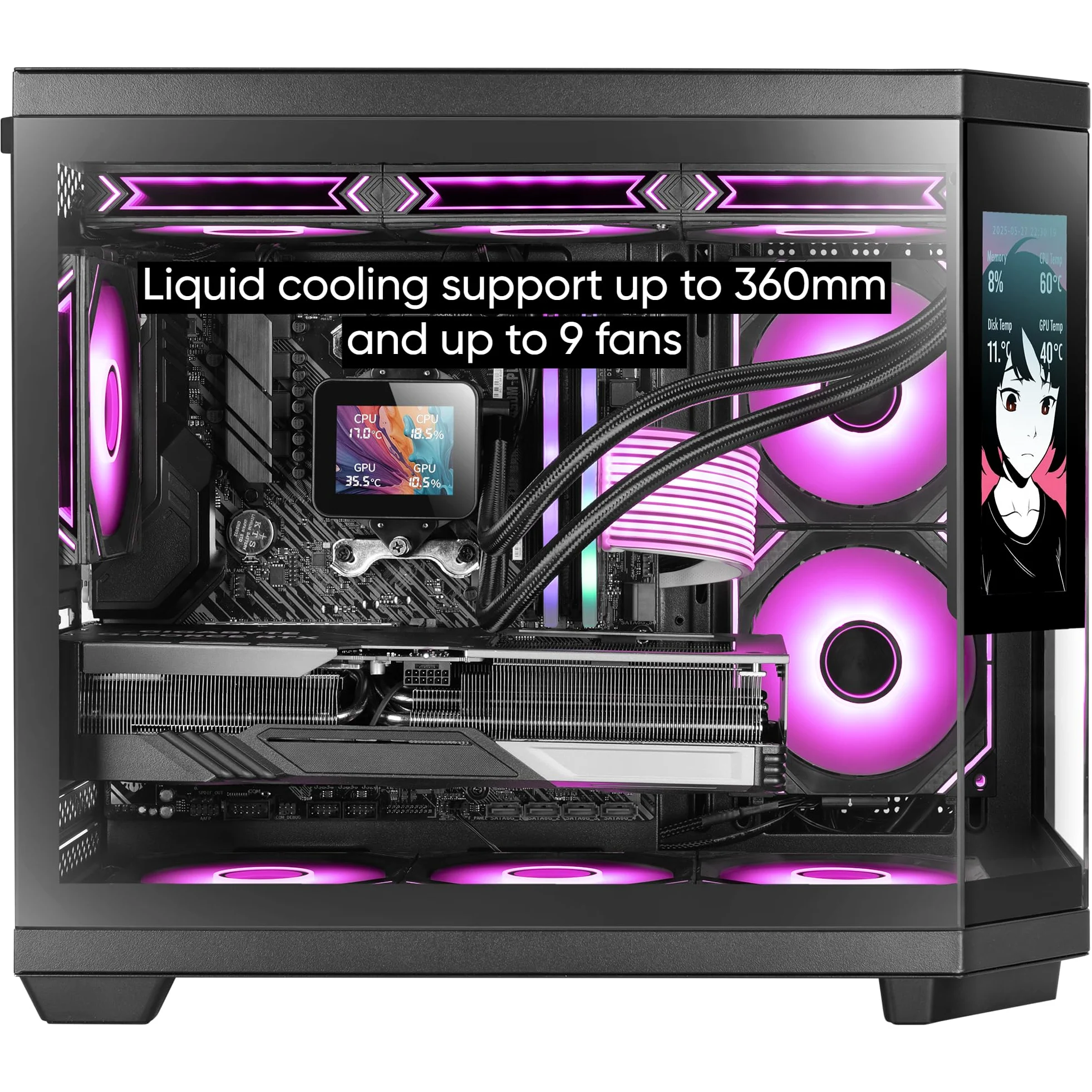 Mars Gaming MC-3TCORELCDM Case Gaming Micro-ATX, Schermo IPS 7,2” Personalizzabile, Triplo Vetro Temperato, Struttura Doppia Camera Laterale, Supporto per Raffreddamento Liquido fino a 360mm, Nero