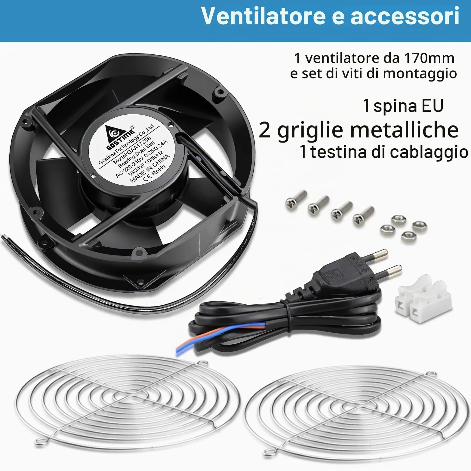GDSTIME Ventola assiale da 230 V, 172 mm x 150 mm x 51 mm, 220 V AC, doppio cuscinetto a sfera, grande flusso d'aria per PC, computer, laptop, raffreddamento