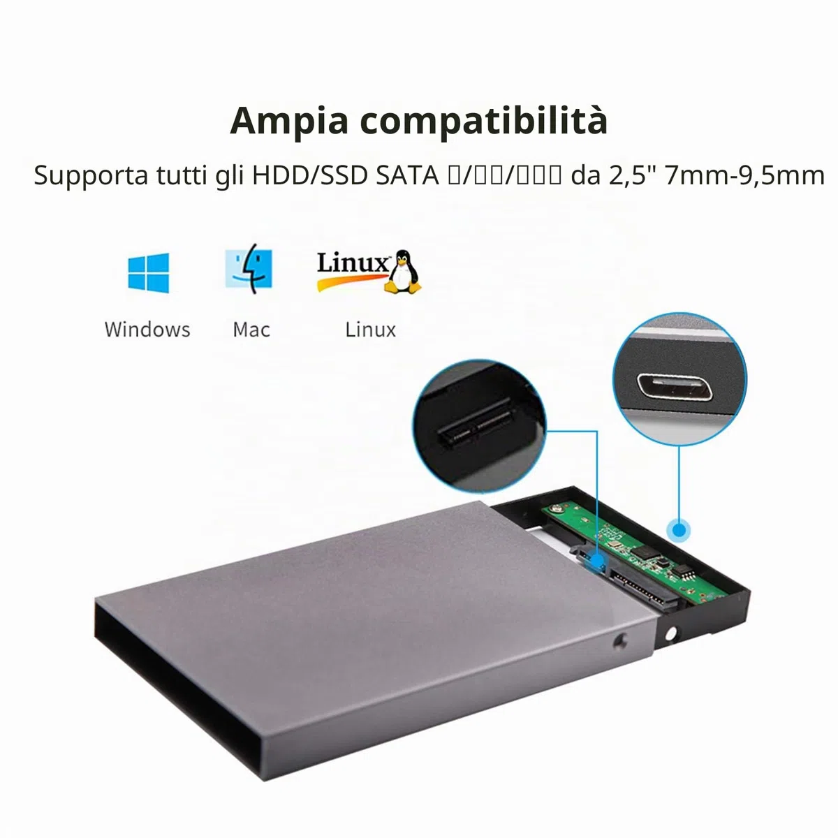 SSK Alluminio 2.5" Alloggiamento per Disco Rigido USB C 3.1/3.2 Gen2 6Gbps Lettore Adattatore Caddy HDD Esterno con UASP per HDD/SSD SATA da 2.5" 7/9.5mm Compatibile con WD Seagate PS4/5 Xbox ect.