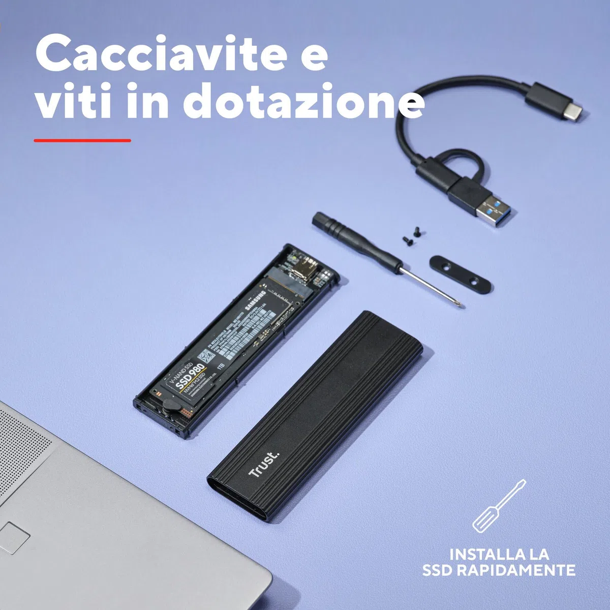 Trust Case SSD M.2 NVMe USB-C 10Gbps, Custodia Hard Disk Esterno 4TB, Compatibile con 2230 2242 2260 2280 FAT32/NTFS/EXT4/exFAT/APFS, Enclosure Portatile Adattatore SSD M2 NVMe USB M / M & B Key