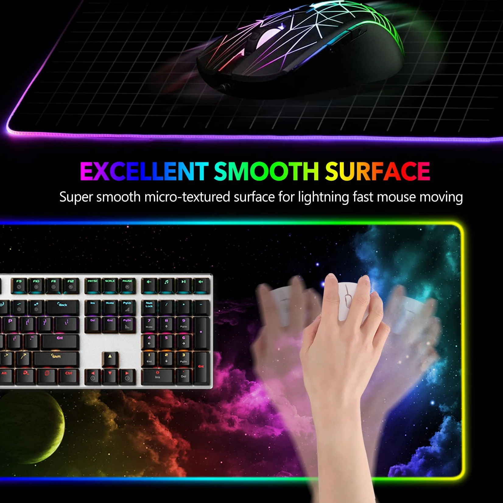 AIMSA Grande tappetino per mouse da gioco RGB, tappetino per mouse con tastiera LED esteso 89,9 x 40,1 cm, base in gomma antiscivolo con 14 modalità di illuminazione, grande tappetino da scrivania