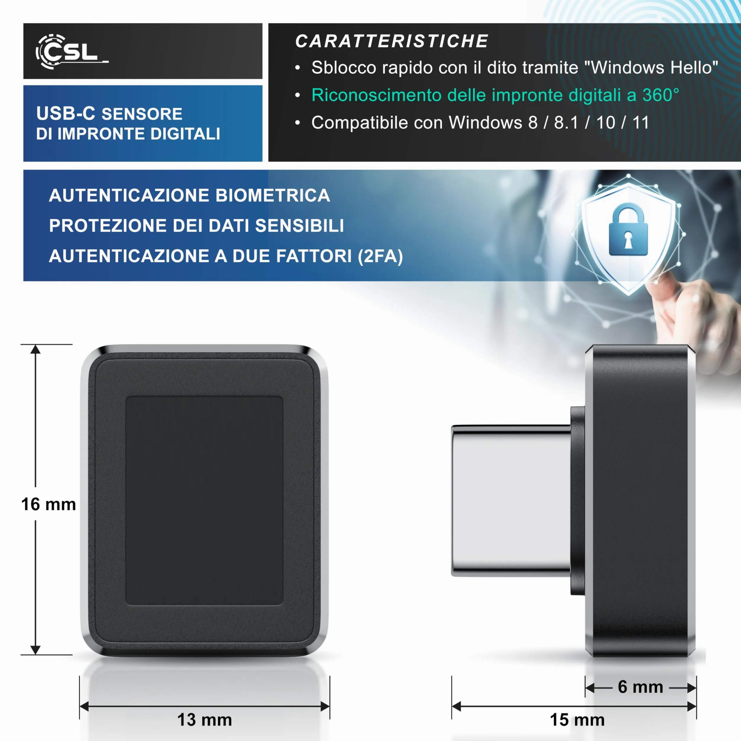CSL - Chiavetta USB-C con Lettore di Impronte Digitali, Lettore di Impronte digitali USB per Windows10/11, Supporta Fino a 10 ID, Plug & Play, Riconoscimento a 360°, Accesso Biometrico per Laptop