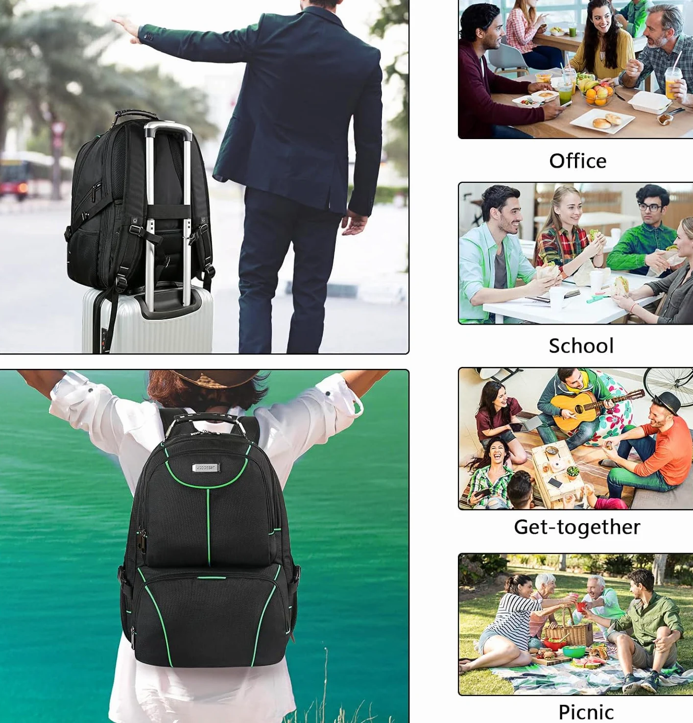 VECKUSON Zaino per computer portatile, 15,6 pollici, verde, unisex, impermeabile, porta di ricarica USB, isolato, approvato TSA, antifurto, tessuto in nylon poliestere resistente