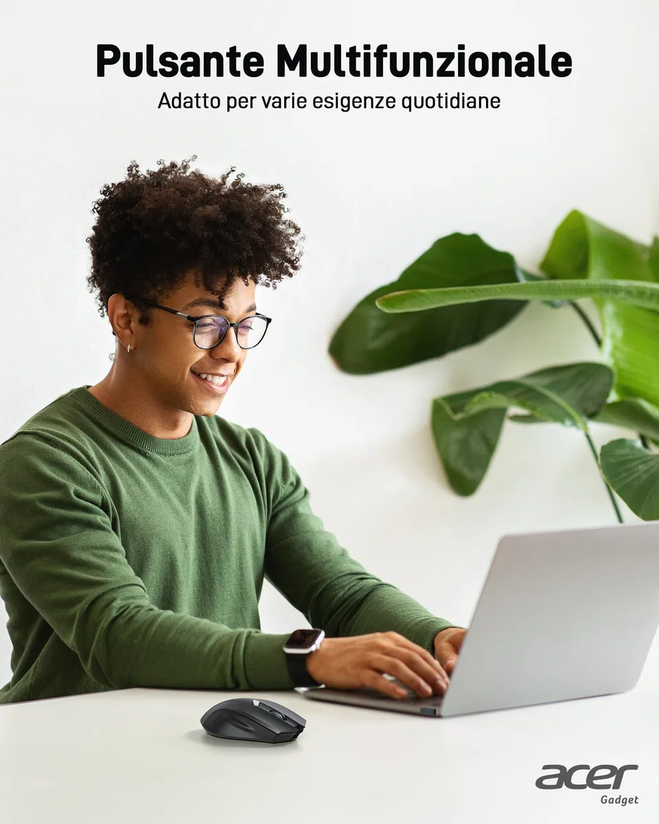 Acer Mouse Senza Fili, Mouse Wireless USB 2,4 GHz, Mouse Computer Ergonomico Con Mini Ricevitore USB, 6 Pulsanti, 1600 DPI, Compatibile con Laptop, PC, Mac, Chromebook