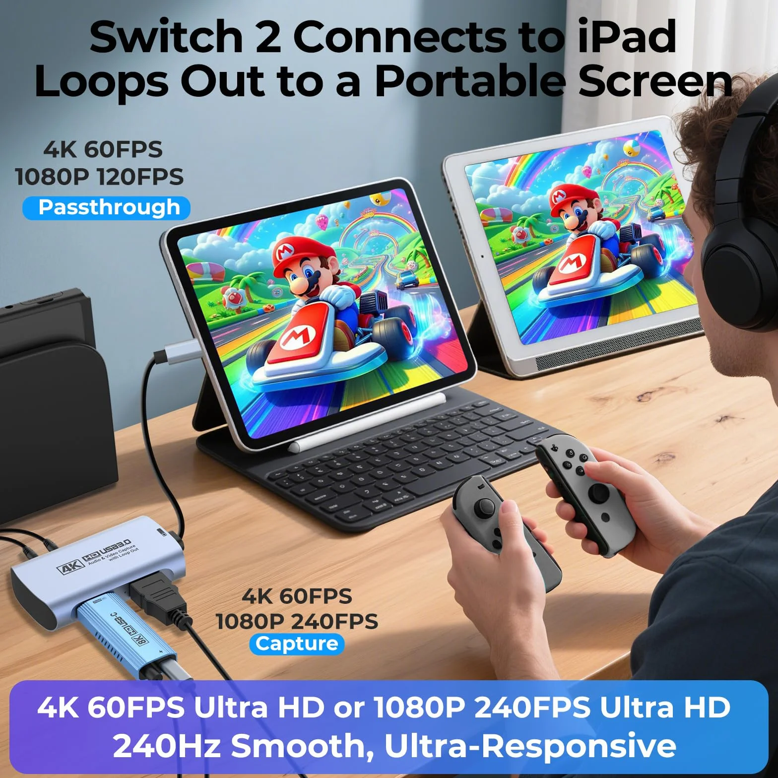 Guermok 4K 60FPS & 1080P 240FPS HDMI Capture Card for Streaming, USB 3.0 to USB-C/A, 4K60 Passthrough, 3.5mm Audio in and Mic Out, Works with Switch 2/1, PS, Quest 3, Pad, Mac, PC