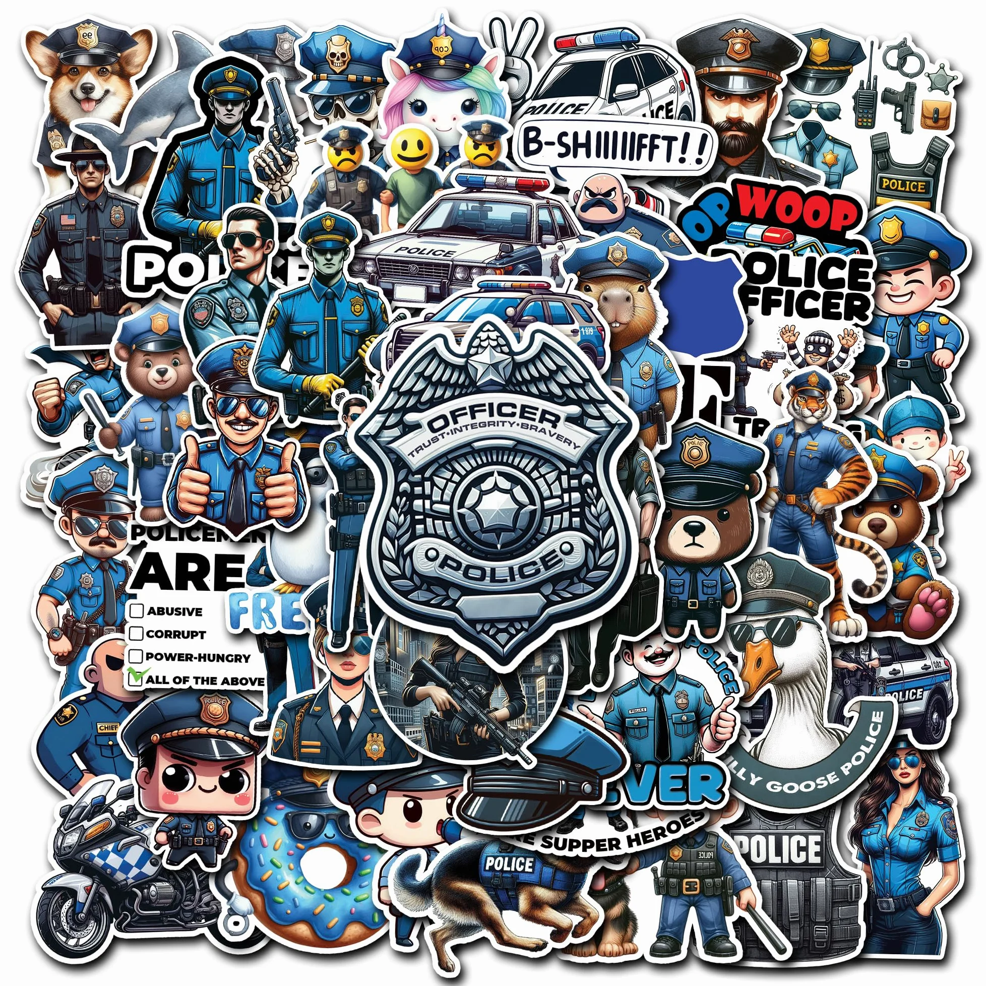 Confezione da 50 adesivi impermeabili per auto della polizia, decalcomanie in vinile, forniture per bomboniere, decorazioni per feste, bottiglie d'acqua, laptop, telefono, casco, album di