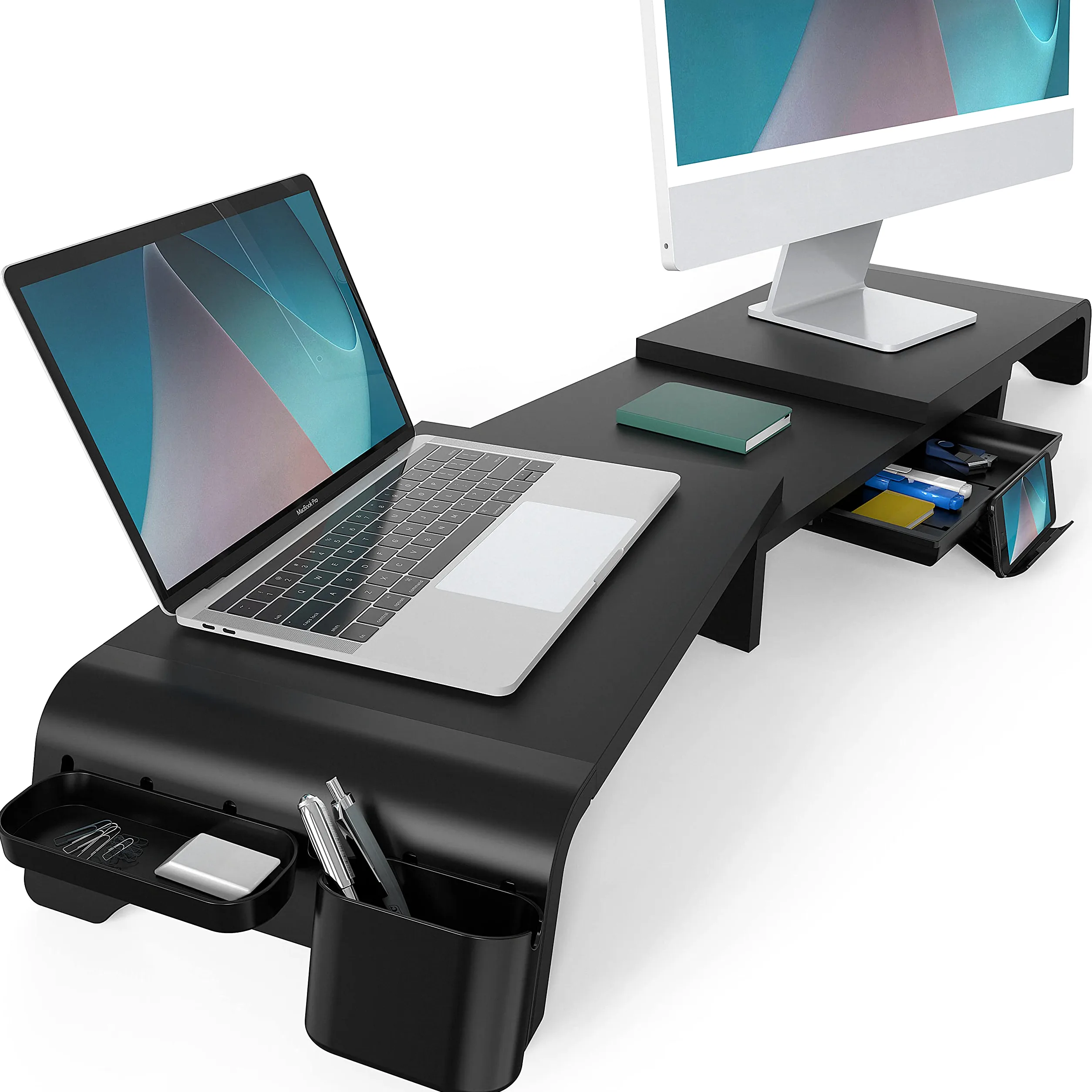 Fenge Supporto Monitor Regolabile in Lunghezza e Angolazione per 2 Monitor Supporto per Monitor in Legno con Cassetto, Scatole Di Stoccaggio Mobili 74-107x 23,5x 8,9cm Nero G04B1102B