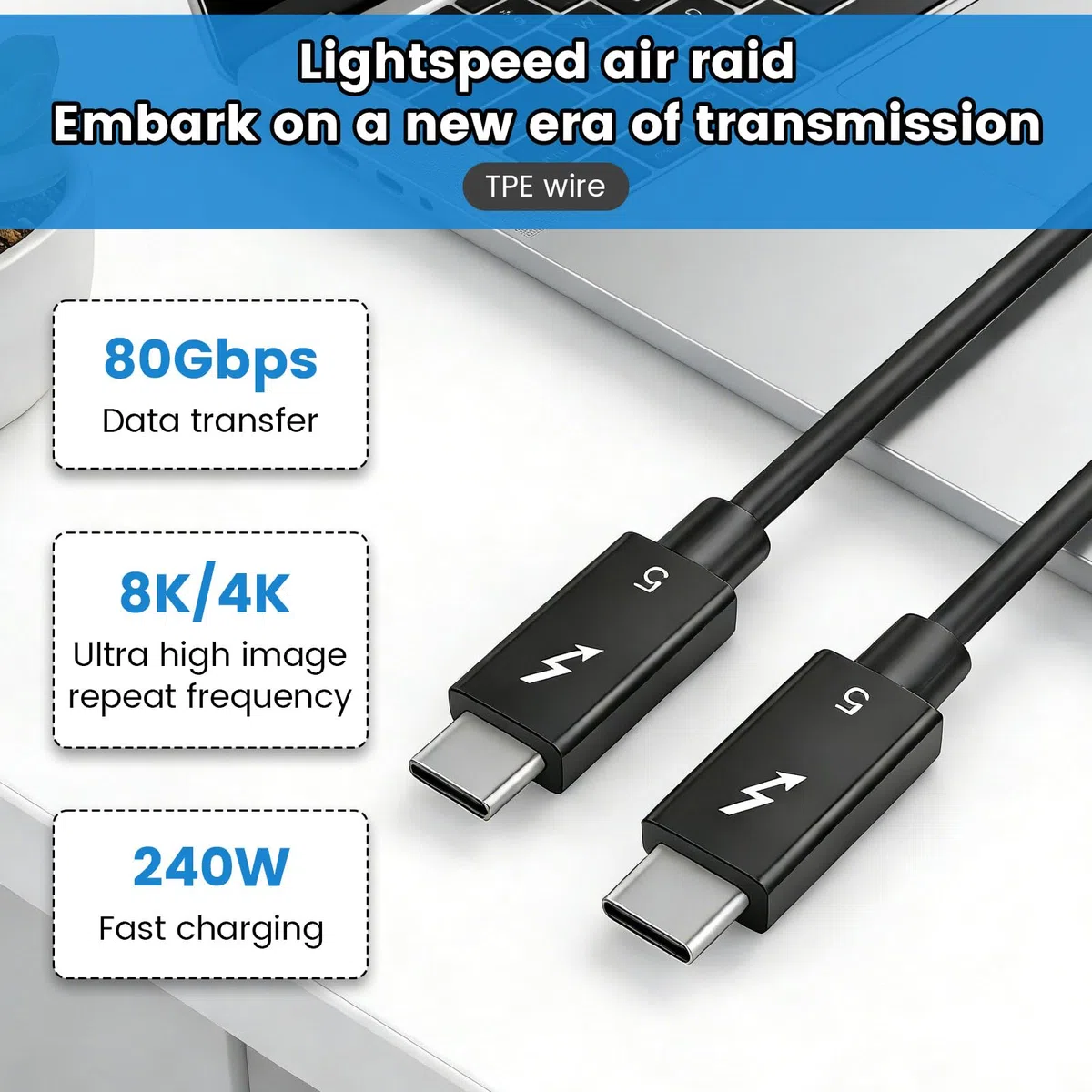 Thunderbolt 5 cavi Ultra High Speed 80Gbps USB C Thunderbolt 5 cavo con ricarica rapida PD da 240 W, display da 16 K/8 K, 5 cavi per MacBook, laptop, monitor, docking station e dispositivi USB-C (0,5