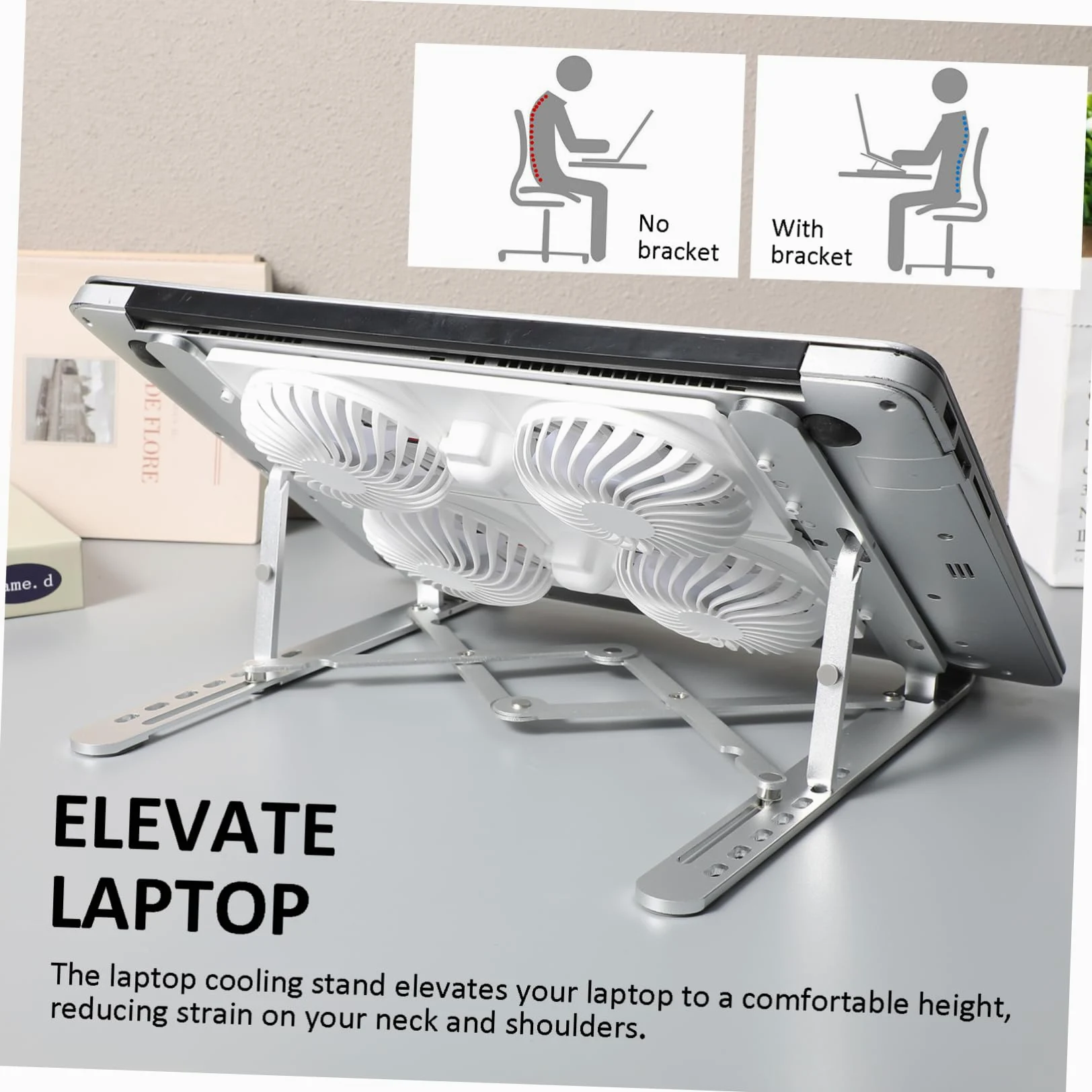 Laptop Cooler Stand Argento Lega di Alluminio Ventola, Atmosfera Estiva | Supporto Pieghevole, Silicone Antiscivolo, Alimentazione Usb, 3w, 0.6a