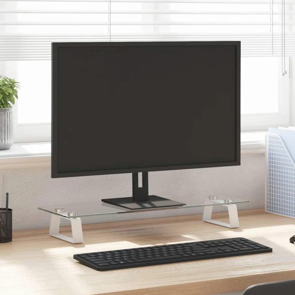 Mangloder Supporto Monitor Bianco 60x20x8cm in Vetro Temperato e Metallo, Supporto Schermo Ergonomico con Spazio per Scrivania, Postazione di Lavoro, Home Office, Accessori da Ufficio e Gestione Cavi