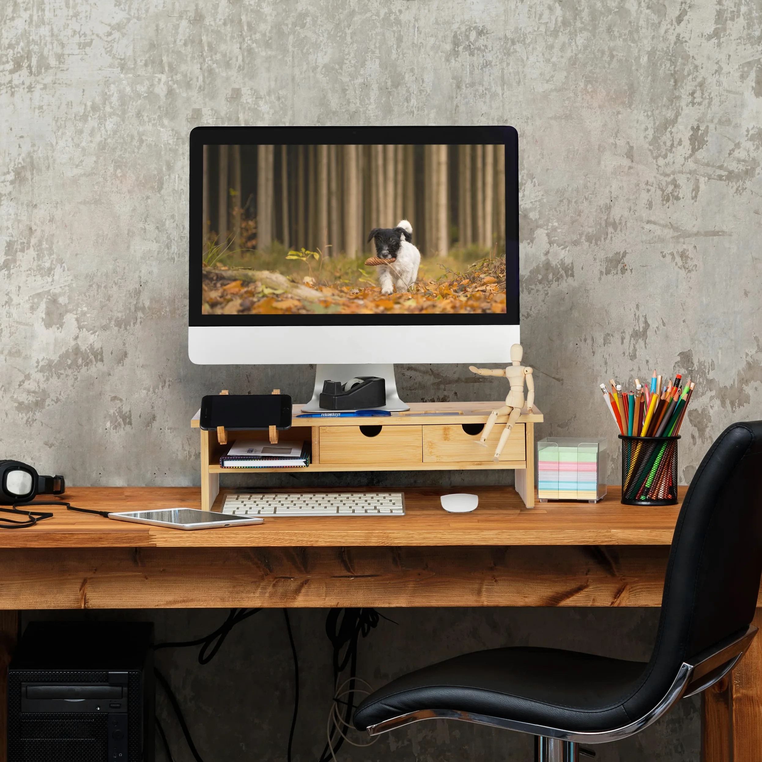 Relaxdays Supporto per Monitor, Rialzo per Schermo PC, Scomparto Porta Cellulare e 2 Cassetti, 14x54x23 cm, Naturale