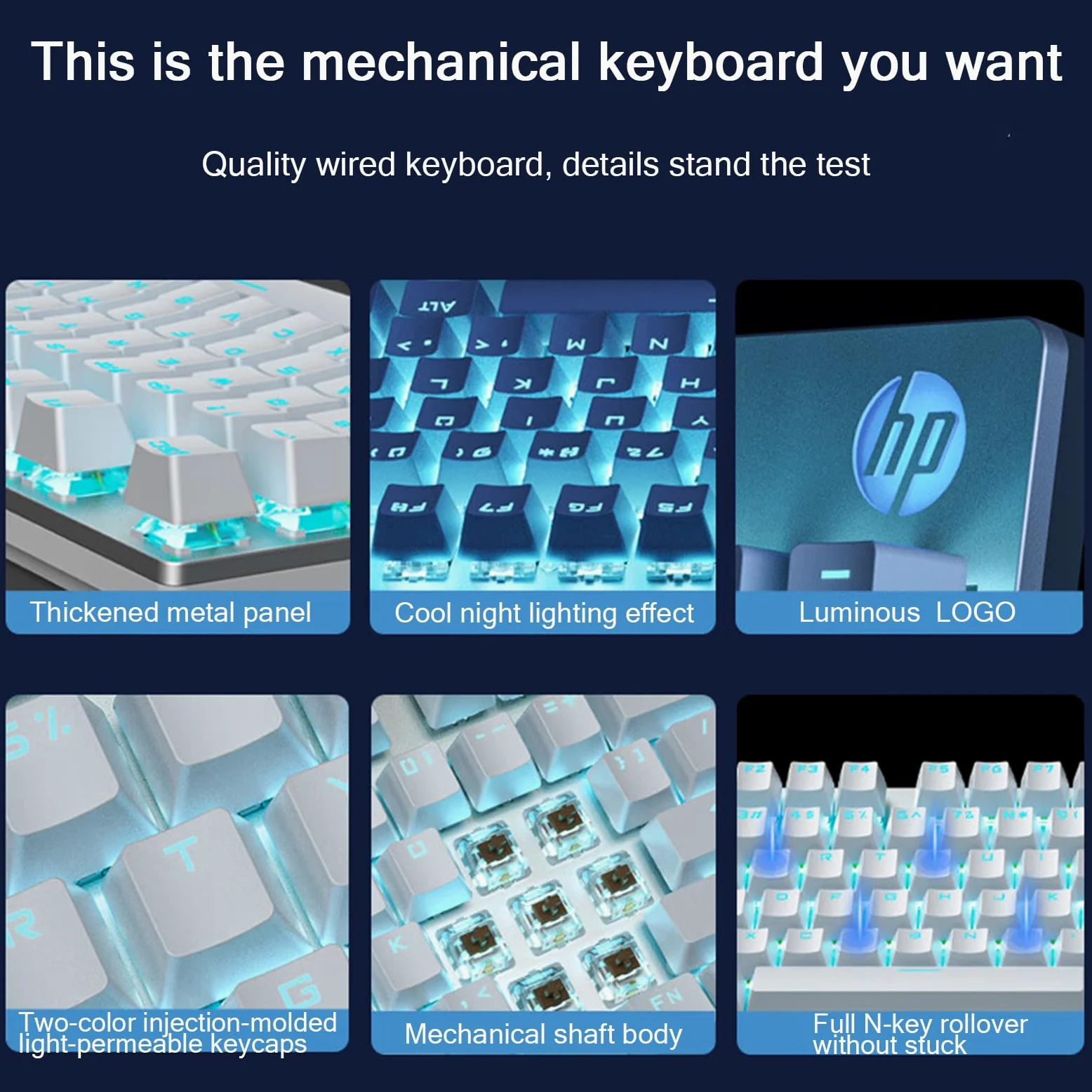 HP GK400F Tastiera meccanica cablata, pannello in metallo ABS, 104 tasti per giochi e uso aziendale, interruttore marrone, compatibile con desktop e laptop, argento