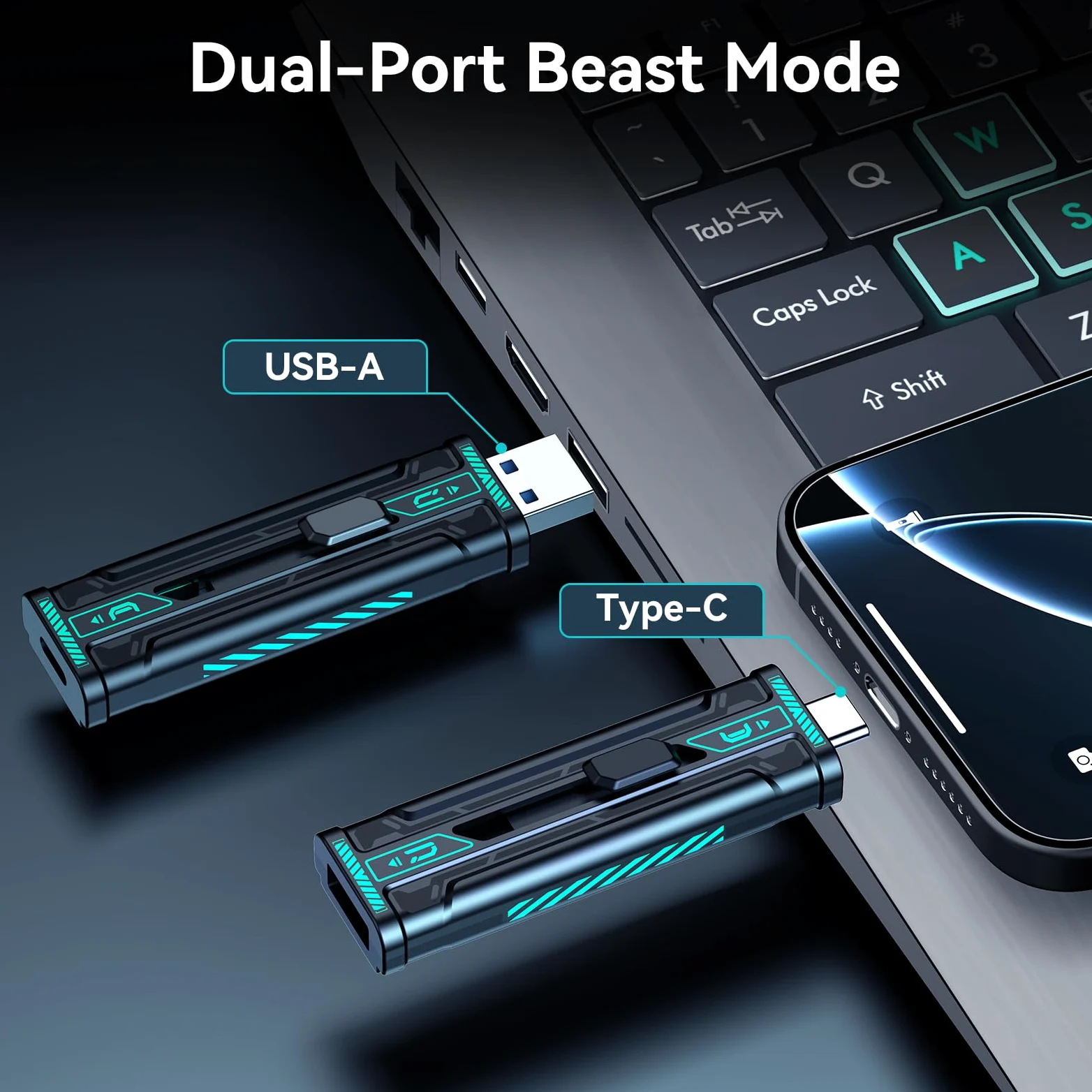 Fikwot WU350 SSD Portatile 256GB, Unità ad Alte Prestazioni fino a 550 MB/s, Doppio Connettore USB 3.2 Gen 1 e USB-C, Compatibile con iPhone, Android, Mac e PC