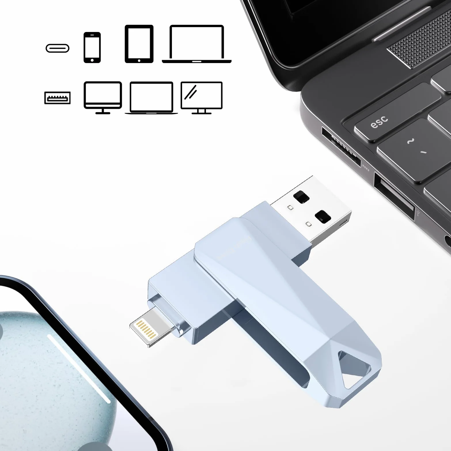 Chiavetta USB per iPhone da 512 GB, certificata Apple MFi, chiavetta USB per iPad, iPhone, computer Picture Keeper, disco rigido portatile, grigio