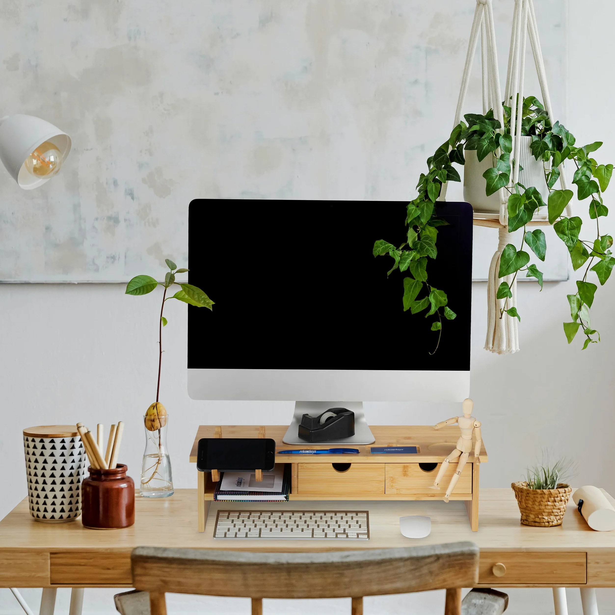 Relaxdays Supporto per Monitor, Rialzo per Schermo PC, Scomparto Porta Cellulare e 2 Cassetti, 14x54x23 cm, Naturale