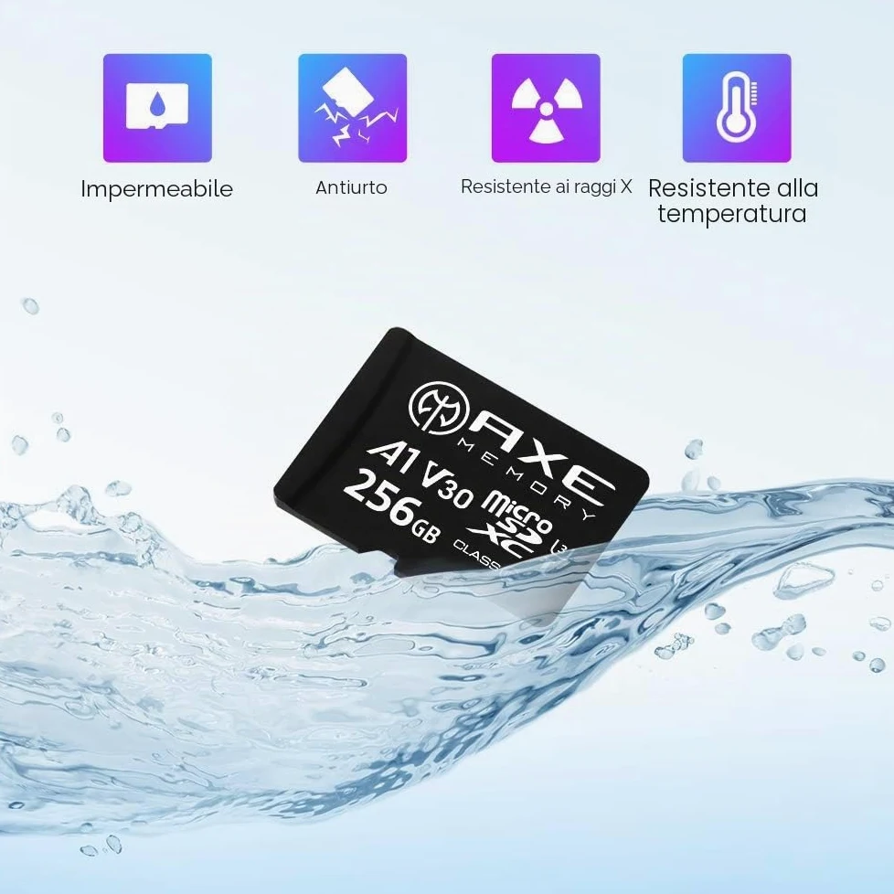 AXE MEMORY Scheda Micro SD 256 GB, Memoria MicroSDXC per Nintendo-Switch, GoPro, Drone, Smartphone, Tablet, 4K Ultra HD, A1 UHS-I U3 V30 C10, Lettura Fino a 95 MB/s, con Adattatore SD