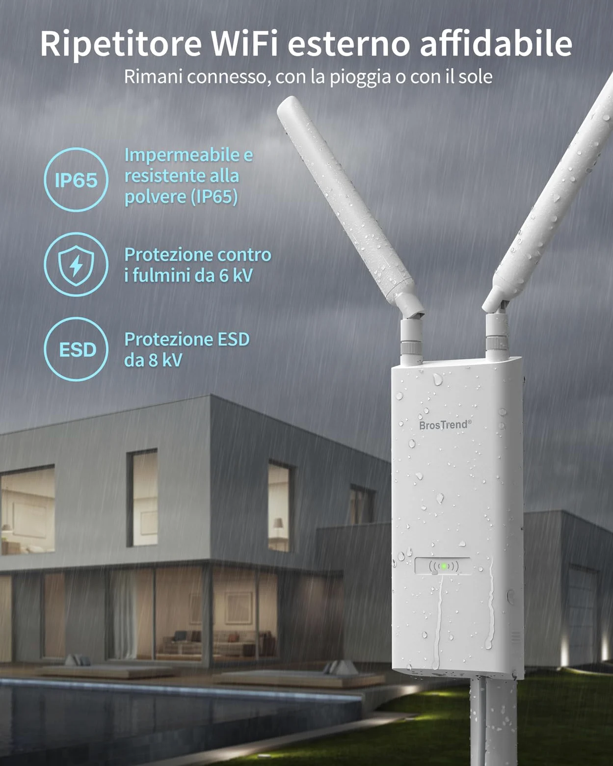 BrosTrend AC1200 Ripetitore WiFi Esterno Potente Lunga Portata, Dual Band 5GHz 867Mbps + 2.4GHz 300Mbps, Antenna WiFi Extender Esterno Supporta 802.3af PoE, IP65 Outdoor, con Adattatore PoE Passivo